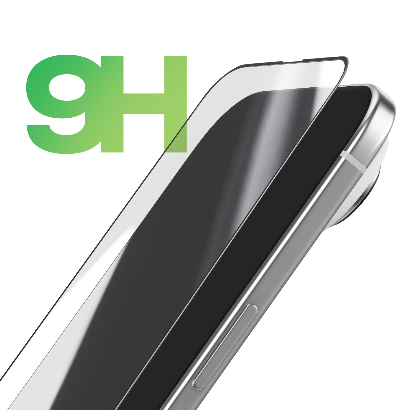 Un telefono con protezione schermo. La protezione è leggermente sollevata. Il testo 9H è visibile in verde.