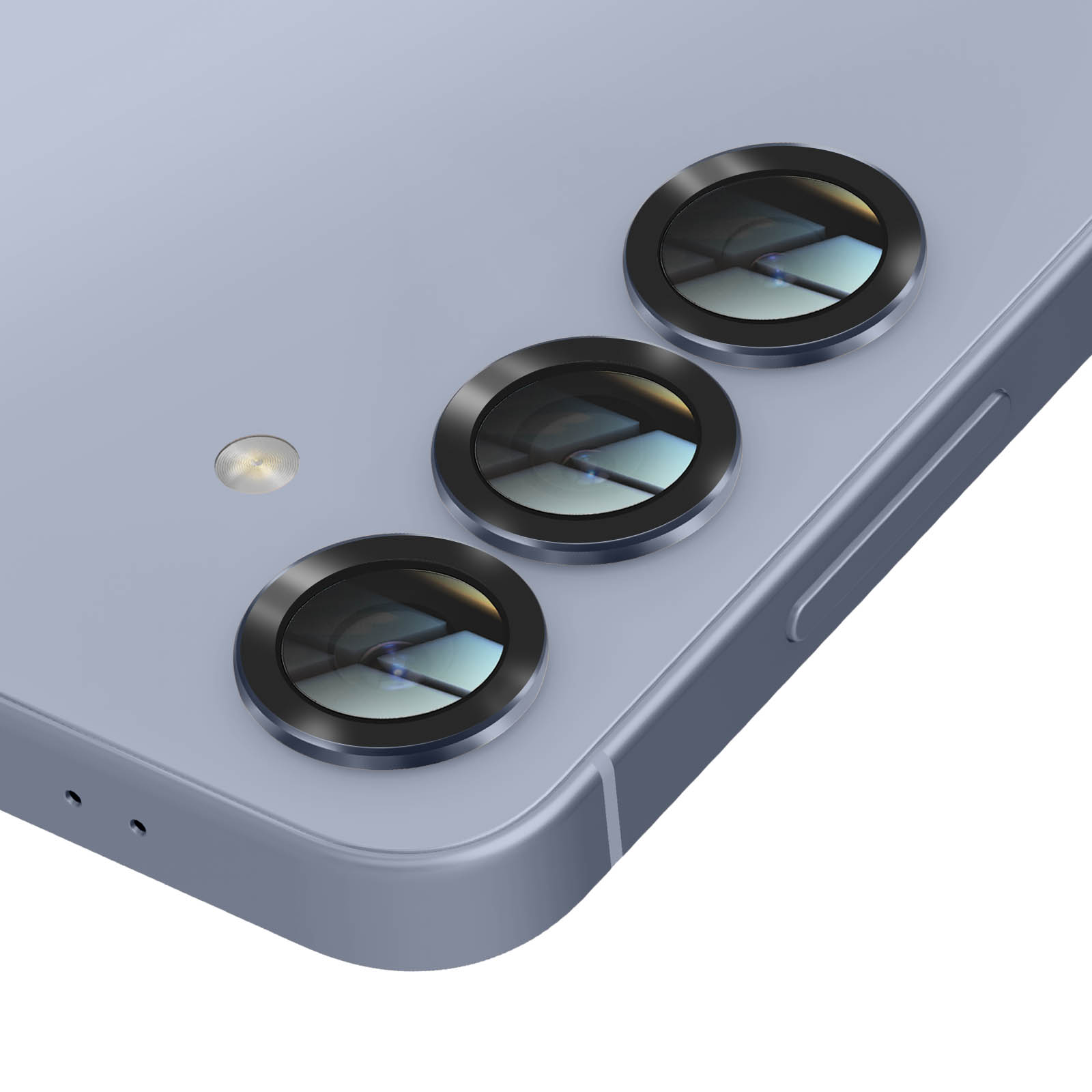 Primo piano di un telefono blu che mostra tre obiettivi della fotocamera. Sono visibili anche una piccola luce e il bordo del telefono.