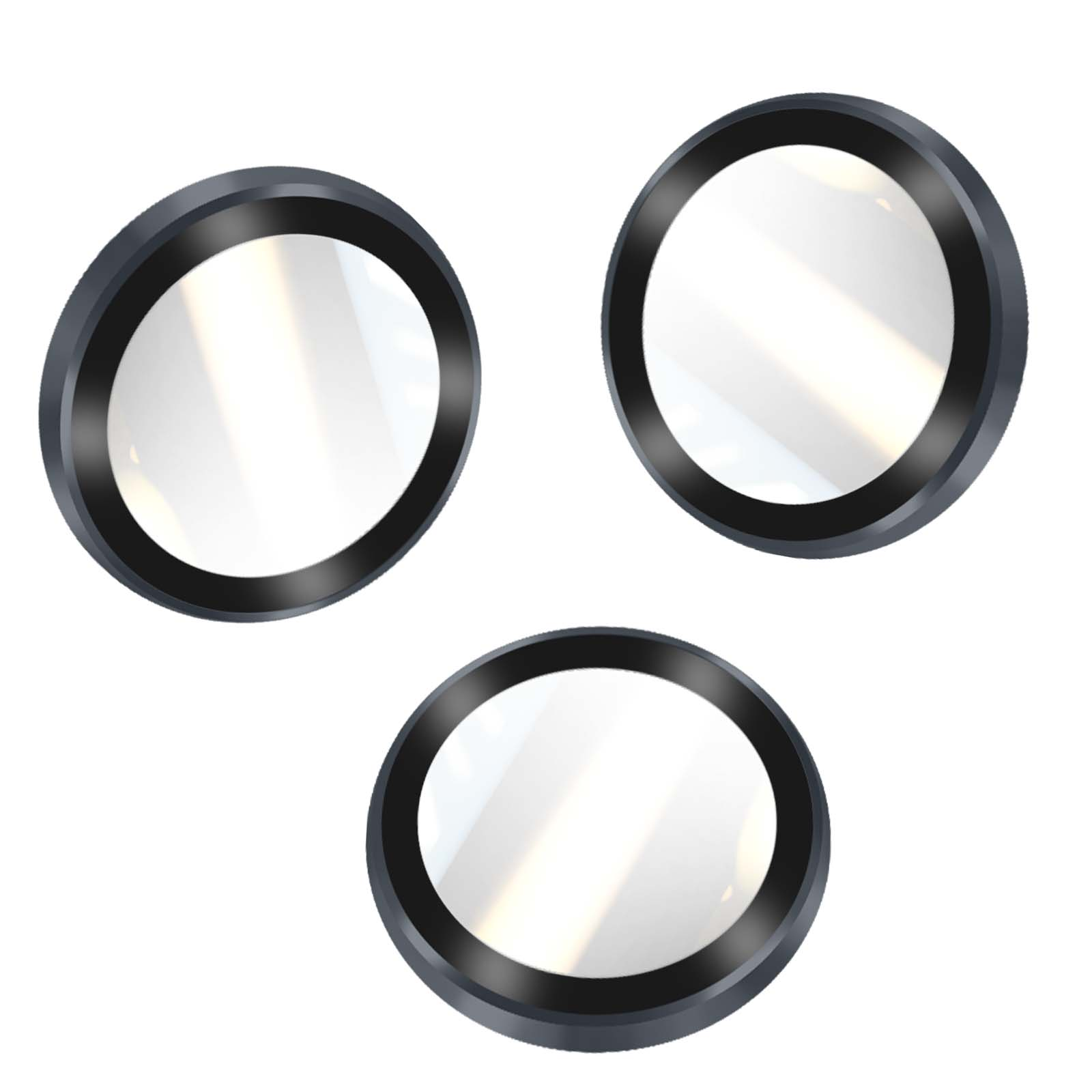 Tre lenti circolari con montature nere e vetro riflettente su sfondo bianco.