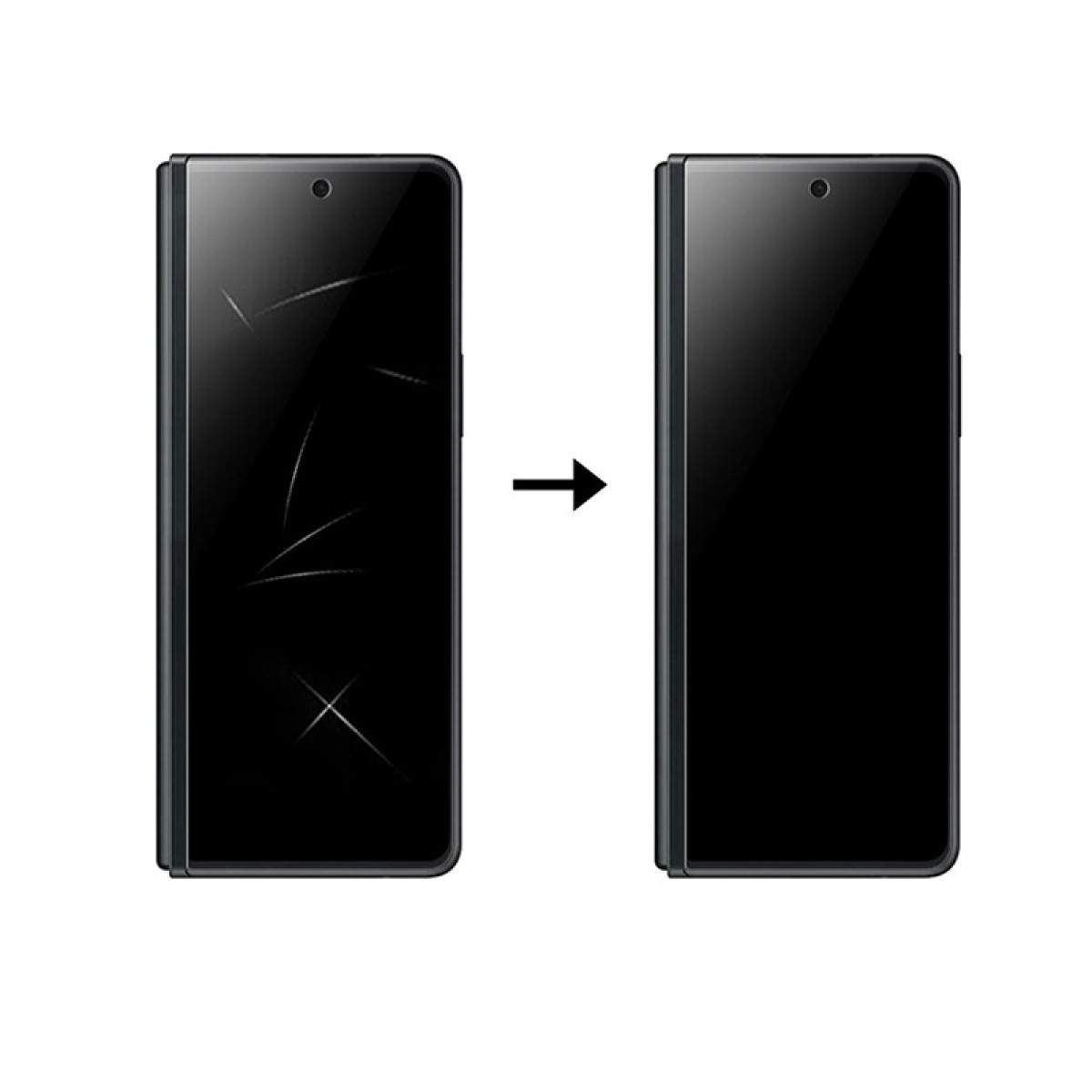 L'immagine mostra uno schermo del telefono rotto che si trasforma in uno schermo liscio. Una freccia indica il cambiamento.