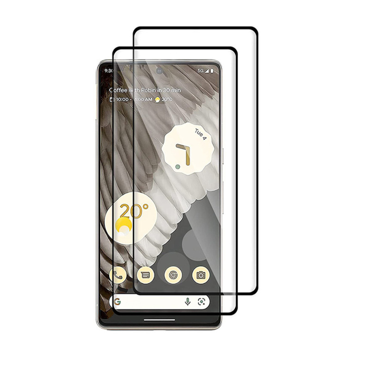 Uno smartphone con protezione schermo. Lo schermo mostra ora, temperatura e icone delle app. La protezione è trasparente.