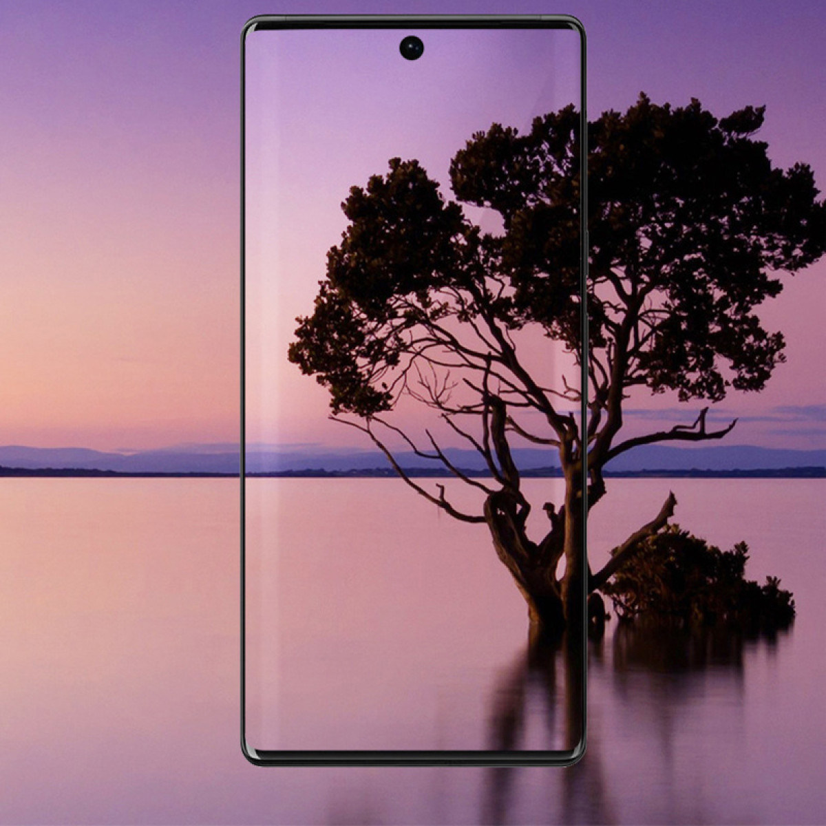 Un telefono mostra una vista panoramica di un albero nell'acqua. Il cielo è viola e arancione. L'albero si riflette nell'acqua.