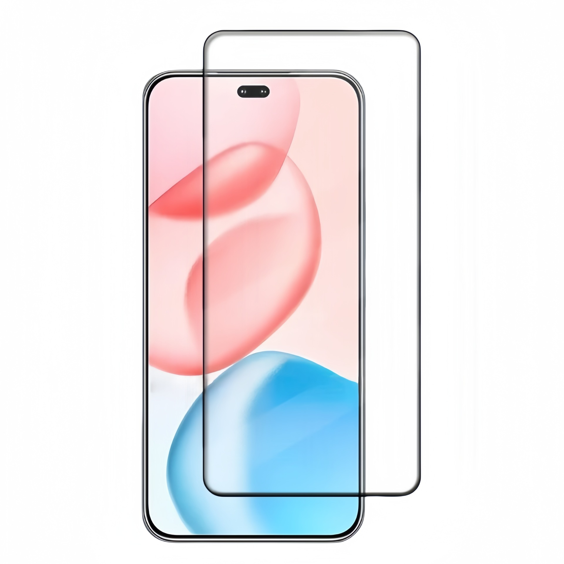 Uno smartphone con protezione schermo. Lo schermo mostra forme astratte rosa, blu e bianche. La protezione è trasparente.
