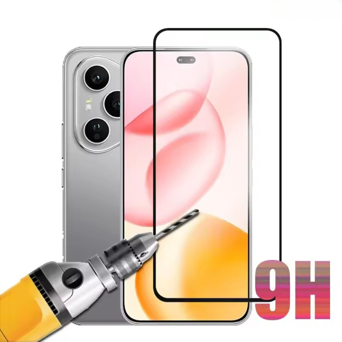 Un telefono con una protezione per lo schermo, un trapano e la scritta 9H. Il telefono è argentato con sfondo rosa sullo schermo.