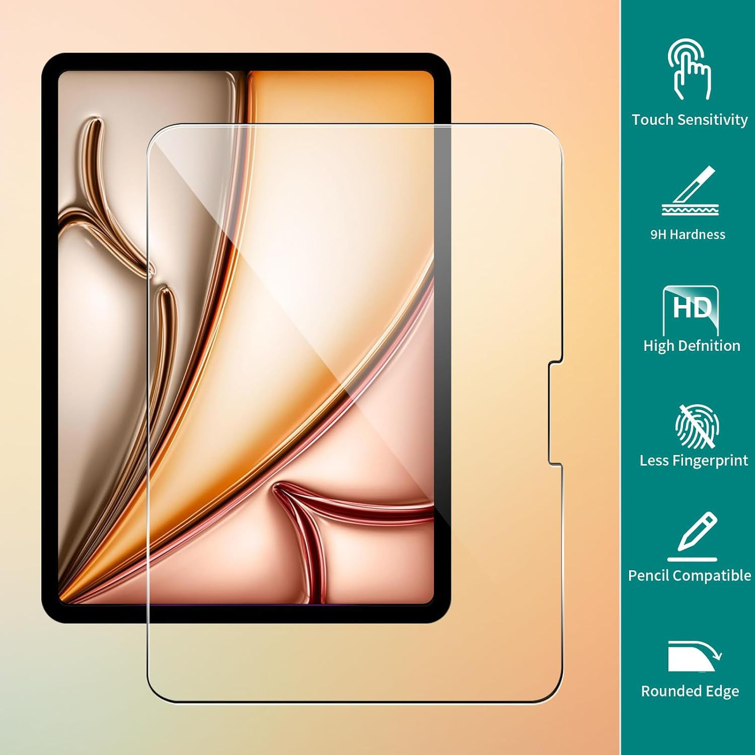 Proteggi schermo per tablet con sensibilità al tocco. Il proteggi schermo è in vetro e ha un bordo arrotondato.