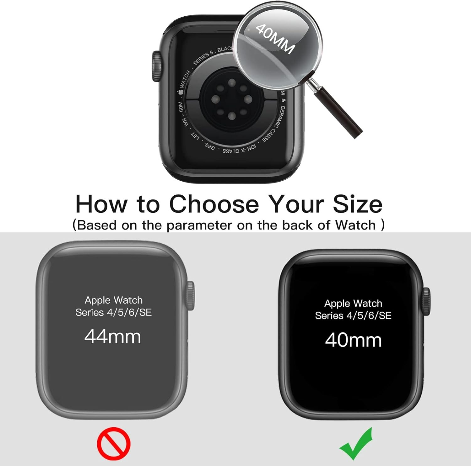 L'immagine mostra un Apple Watch con una lente d'ingrandimento sopra. Mostra come scegliere la taglia giusta, 40 mm o 44 mm.