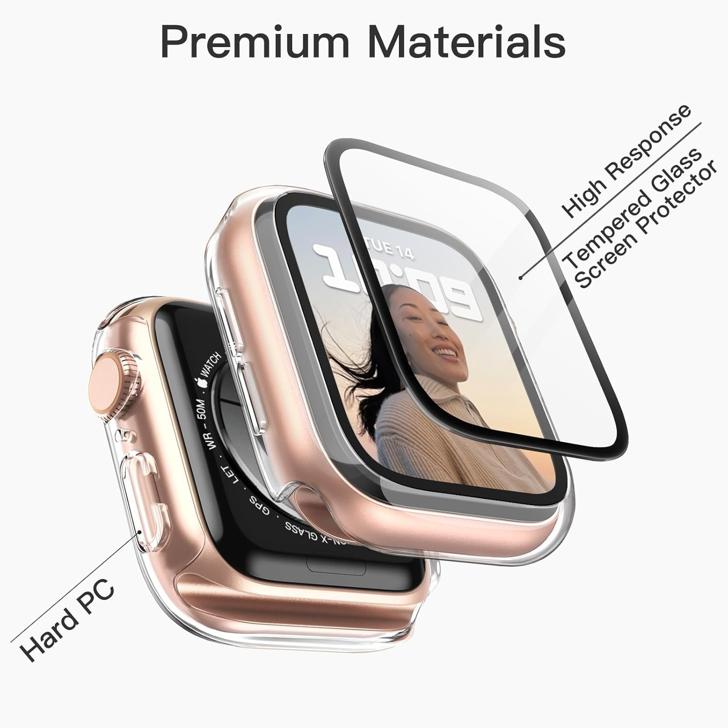 Uno smartwatch oro rosa con protezione schermo, etichettato 'High Response Tempered Glass Screen Protector'. Testo: 'Premium Materials'.
