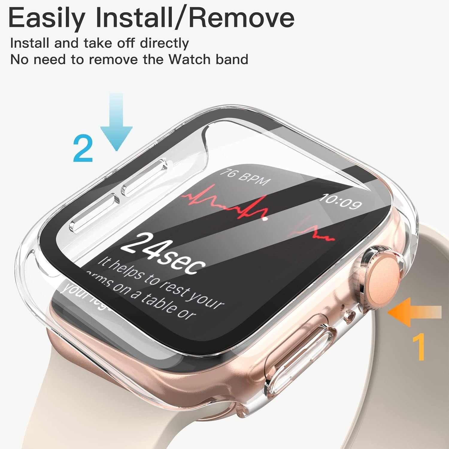 Uno smartwatch oro rosa con custodia trasparente. Lo schermo mostra dati. Frecce e testo indicano facile installazione e rimozione.
