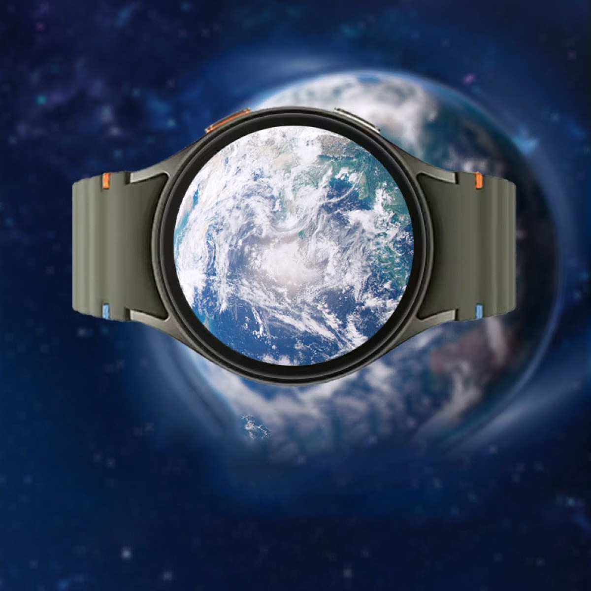 Uno smartwatch mostra la Terra su uno sfondo stellato. L'orologio è verde oliva, con la Terra come quadrante.