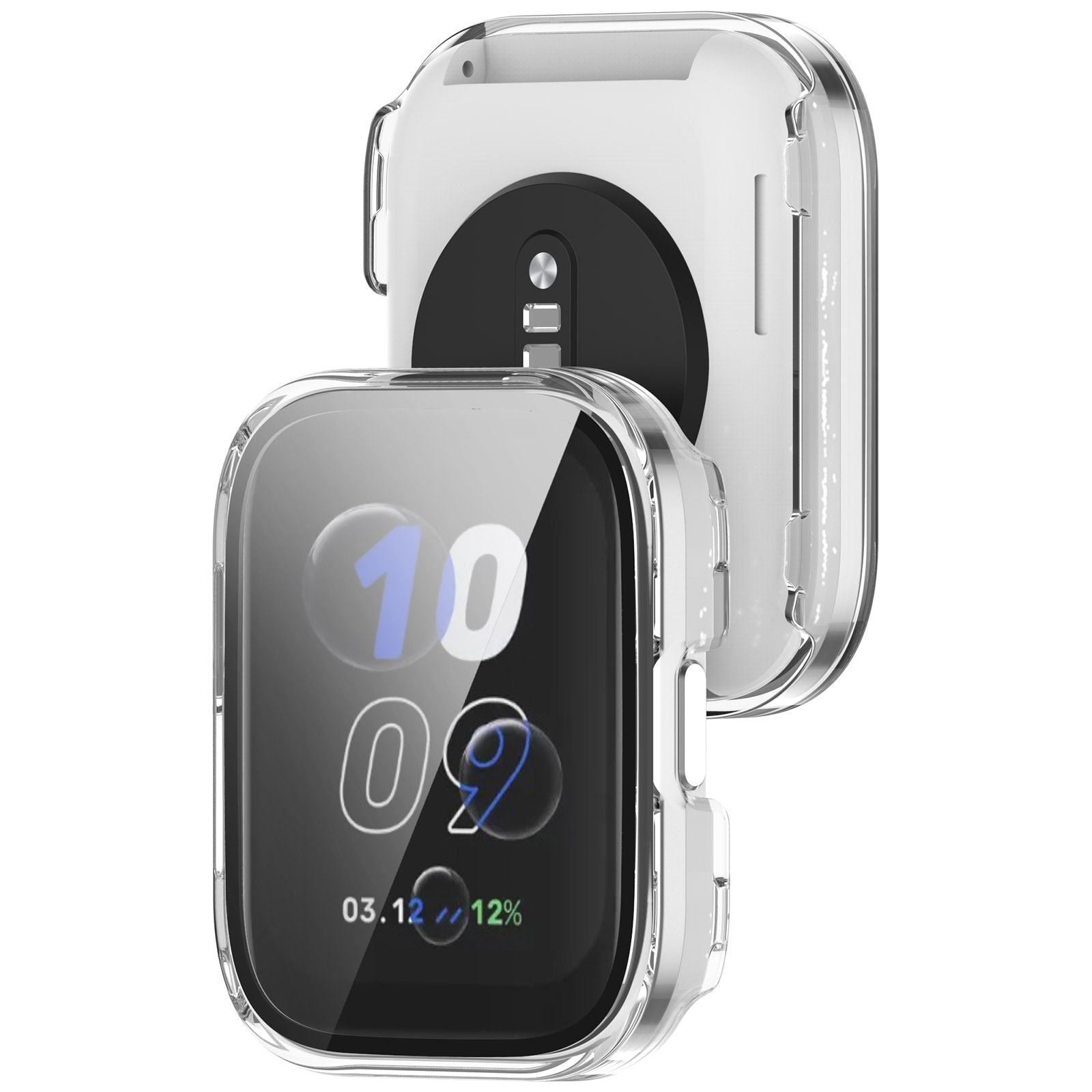Przezroczyste etui na smartwatch pokazuje godzinę 10:09, baterię 12% i datę 03.12. Drugie etui znajduje się z tyłu.