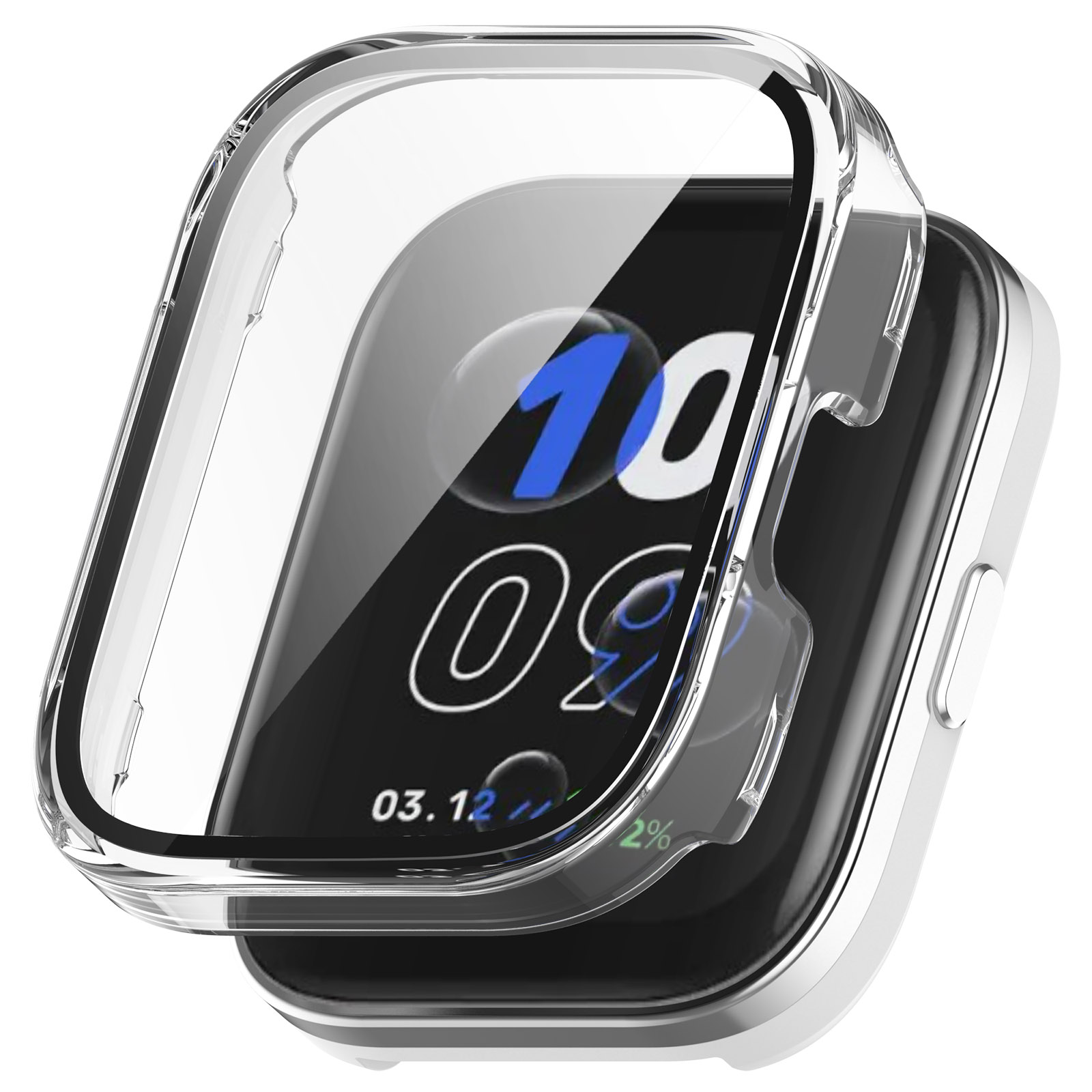 Smartwatch z przezroczystym etui. Ekran wyświetla godzinę, datę i procent naładowania baterii. Zegarek jest biały.