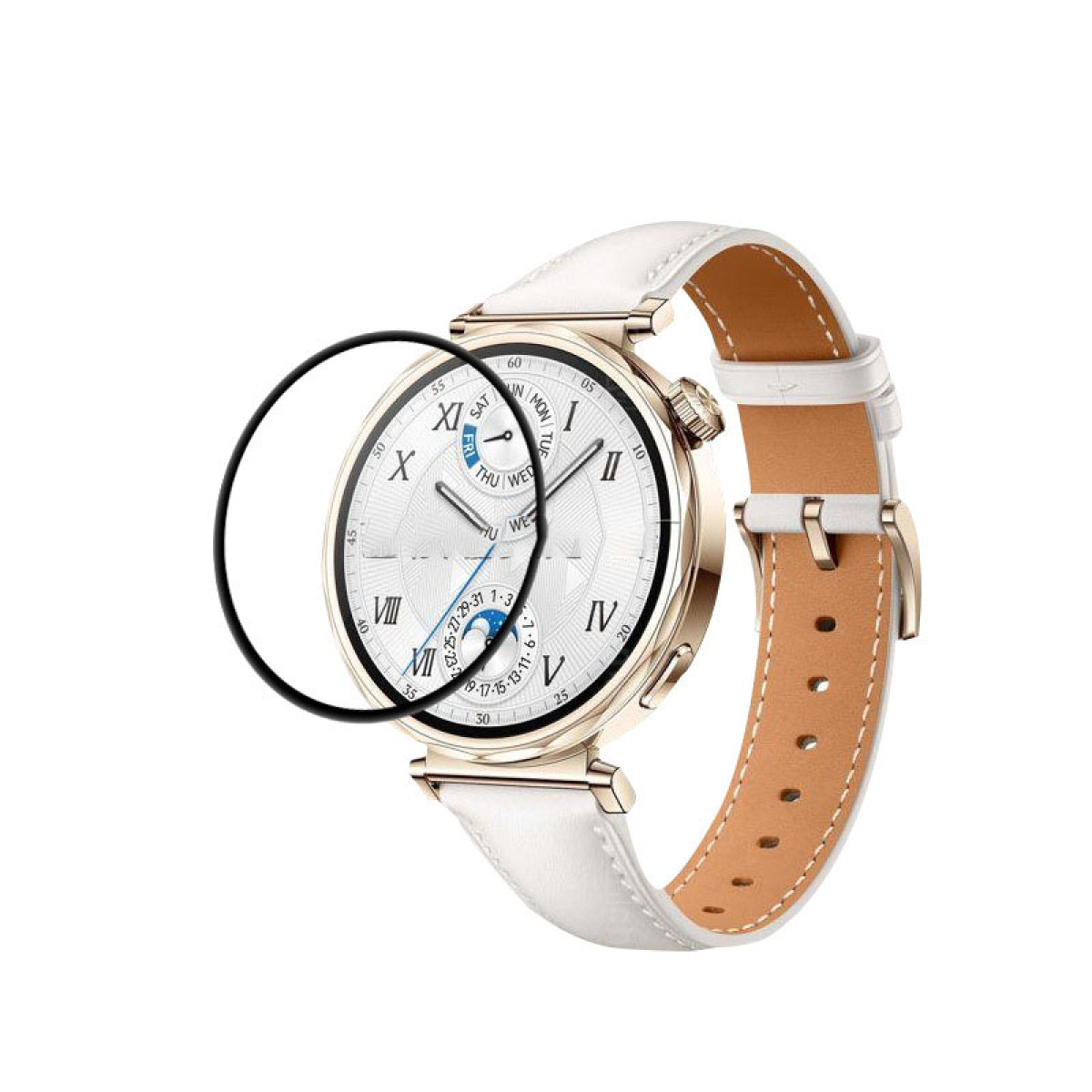 Un smartwatch bianco con lunetta dorata e cinturino in pelle bianco. Il quadrante mostra l'ora e il giorno.