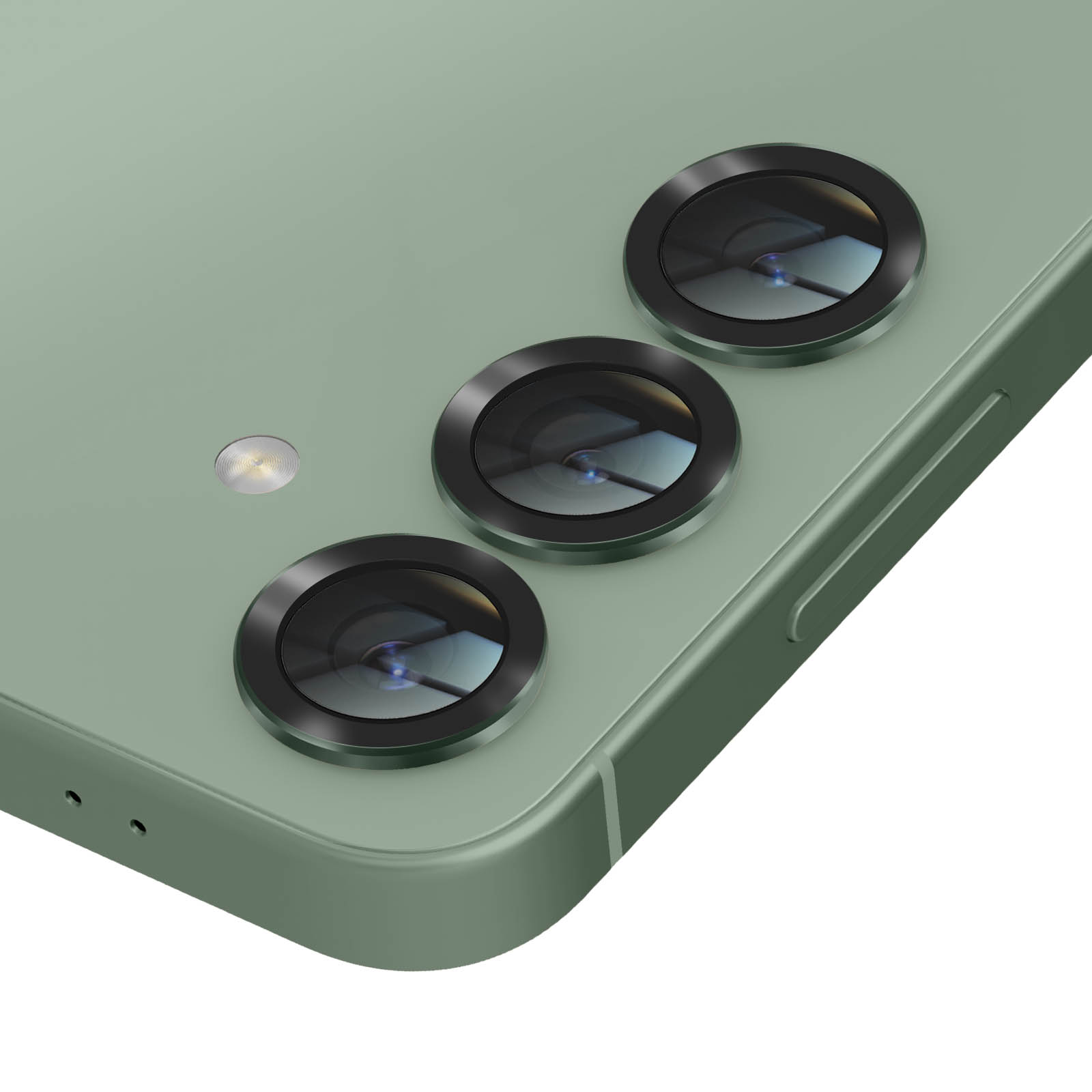 Primo piano di uno smartphone verde con tre obiettivi e un flash. Il bordo del telefono è visibile.