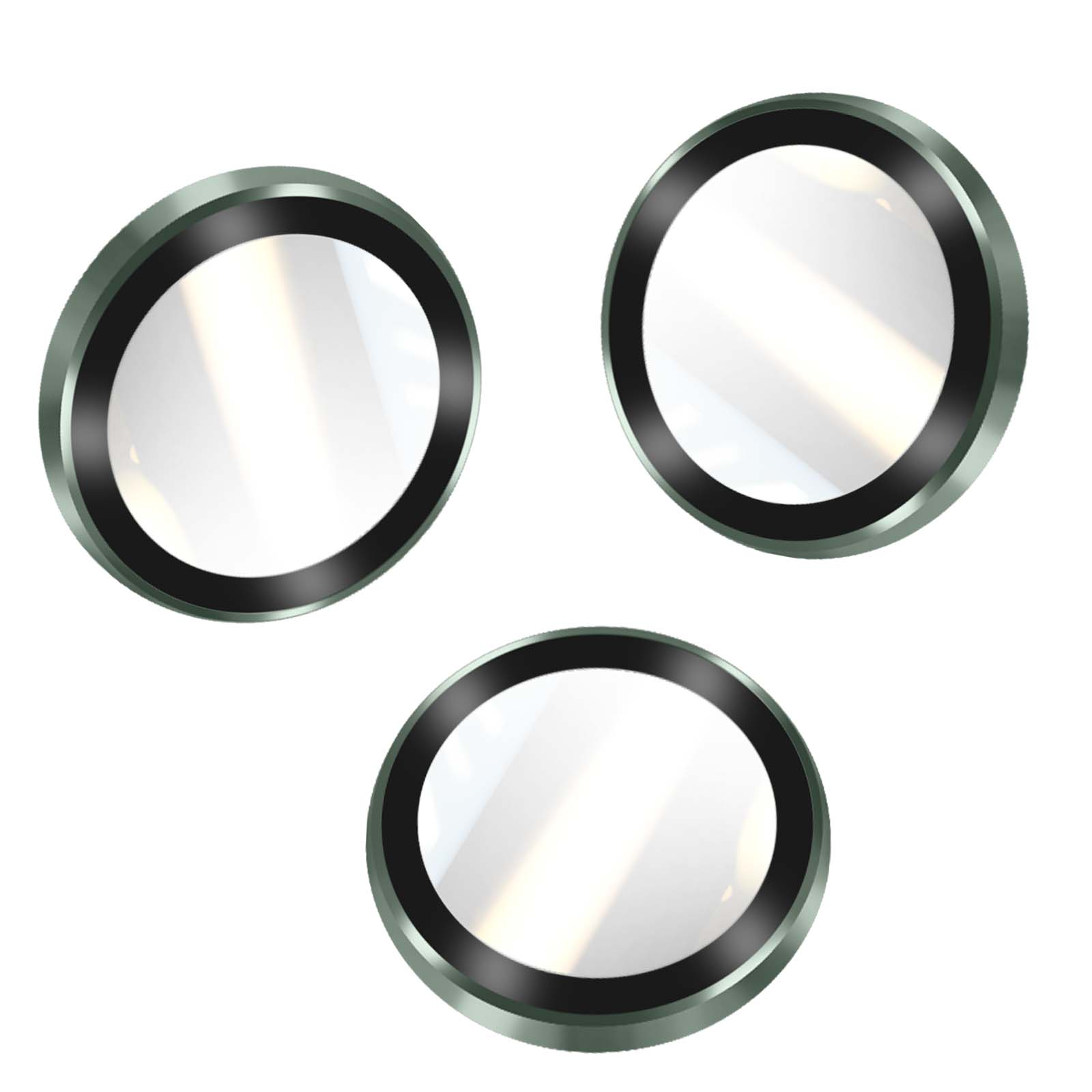 Tre protezioni circolari per lenti della fotocamera con bordo nero e cornice argentata su sfondo bianco.
