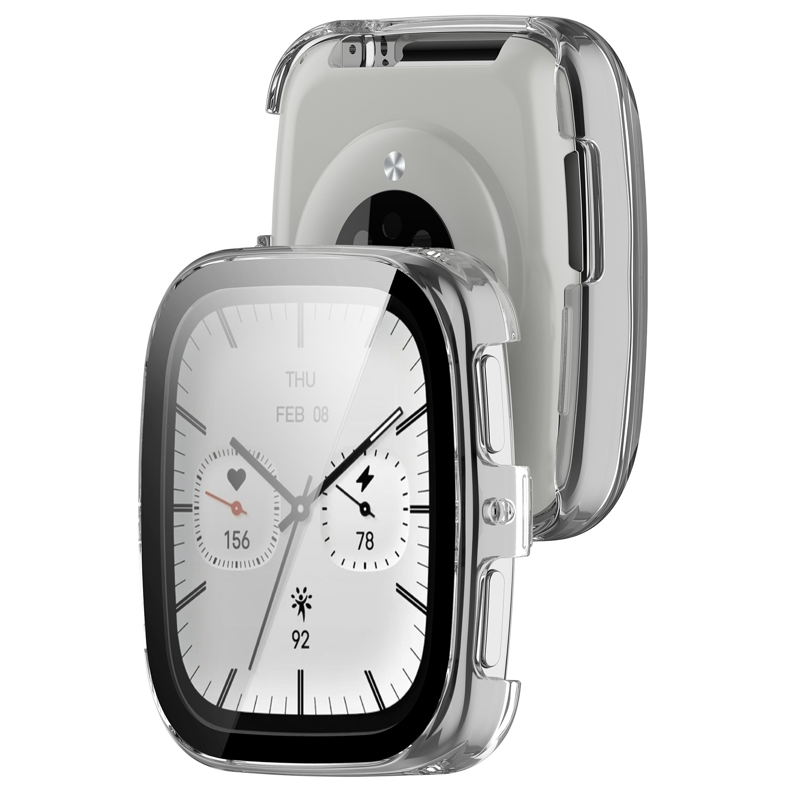 Uno smartwatch con custodia trasparente. Il quadrante mostra data, frequenza cardiaca e altre metriche. La custodia è trasparente.