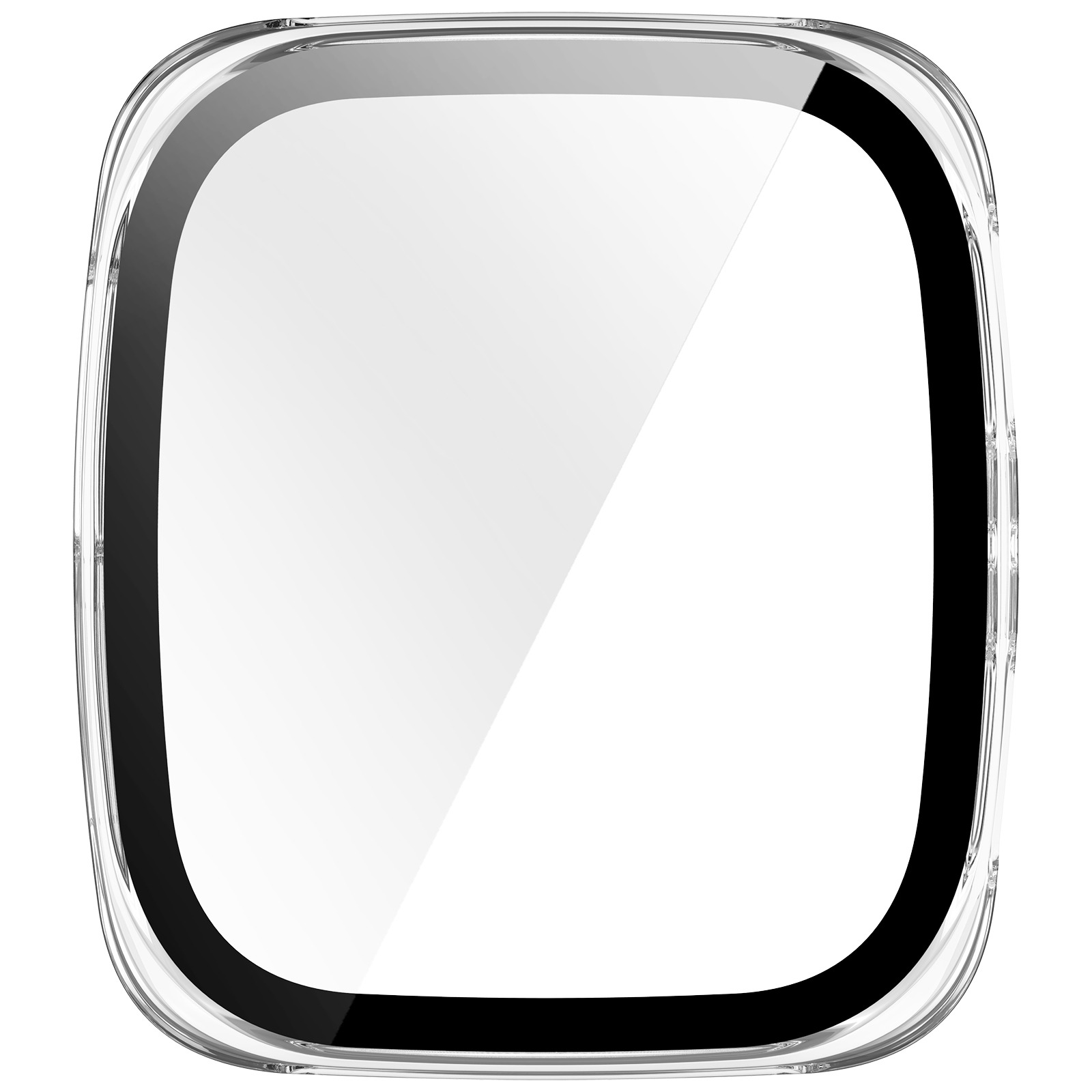 Un proteggi schermo trasparente a forma quadrata. Ha un design arrotondato con un bordo nero, su sfondo bianco.