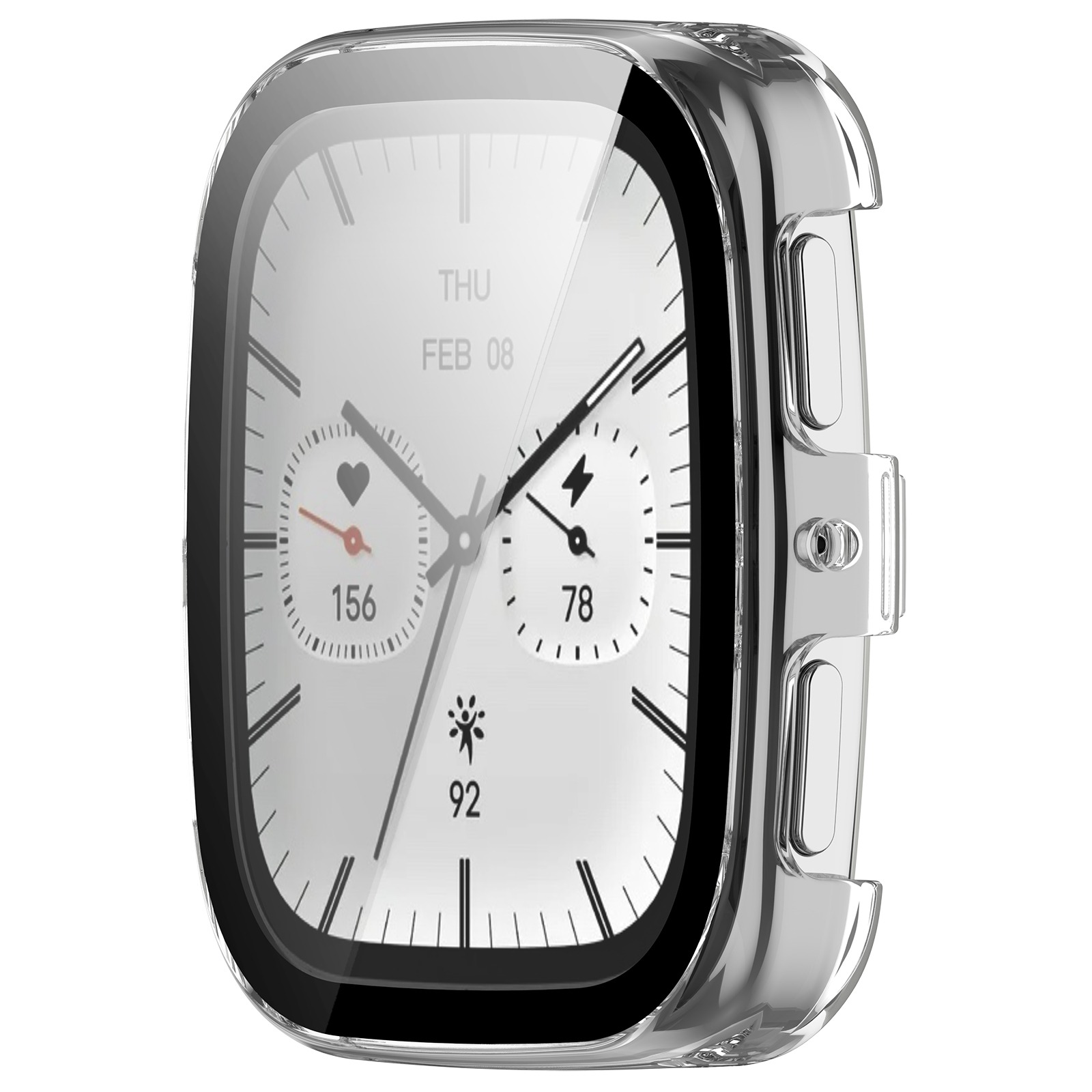 Schermo di smartwatch che mostra ora, data, frequenza cardiaca e batteria. L'orologio è in una custodia protettiva trasparente.