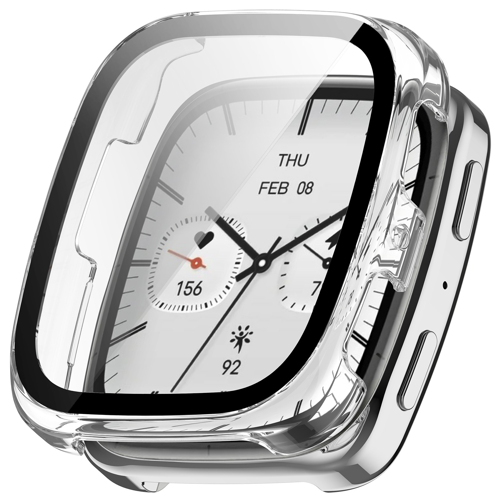 Una custodia protettiva trasparente su uno smartwatch argentato. Il quadrante mostra ora, data, frequenza cardiaca e livello di attività.