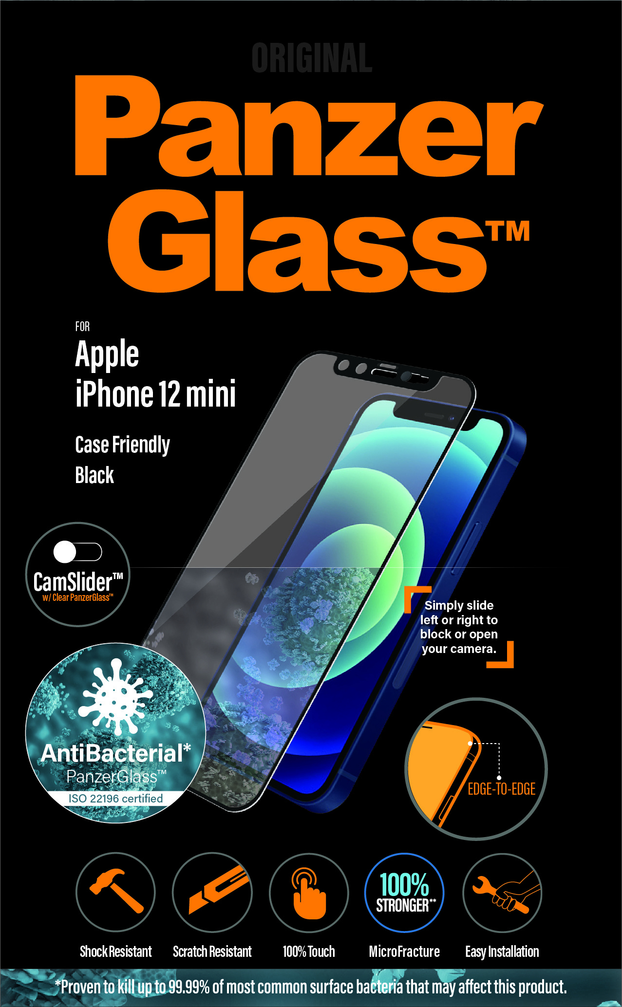 L'immagine mostra PanzerGlass per iPhone 12 mini. Caratteristiche: antibatterico, resistente agli urti e ai graffi e protezione edge-to-edge.
