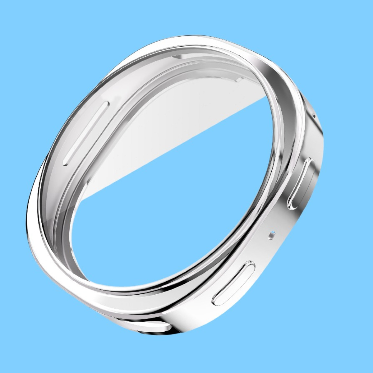 Un oggetto lucido argentato a forma di anello con una parte interna trasparente. Su sfondo azzurro.