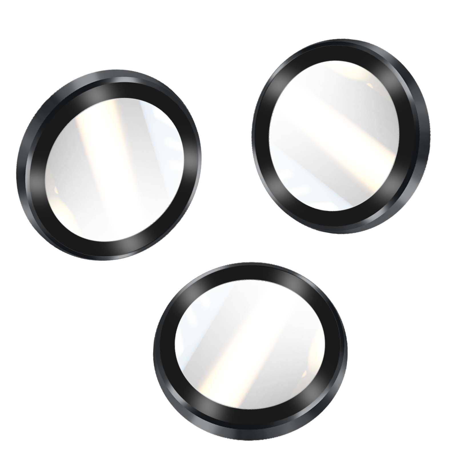 Drie cirkelvormige cameralensbeschermers met zwarte randen en helder, reflecterend glas, gerangschikt op een witte achtergrond.