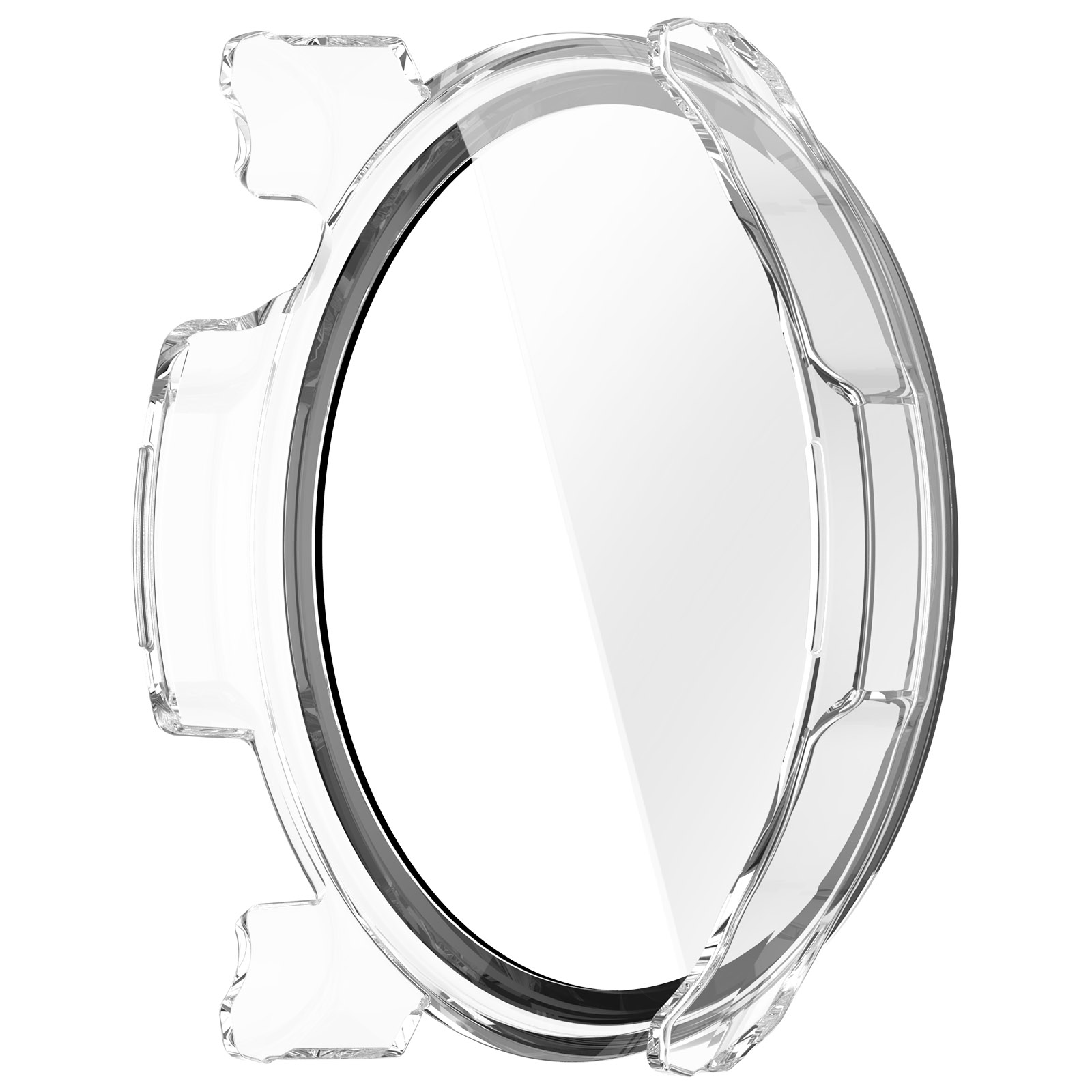 Una custodia protettiva trasparente per orologio. Ha una forma rotonda con rivestimento interno nero e linguette.