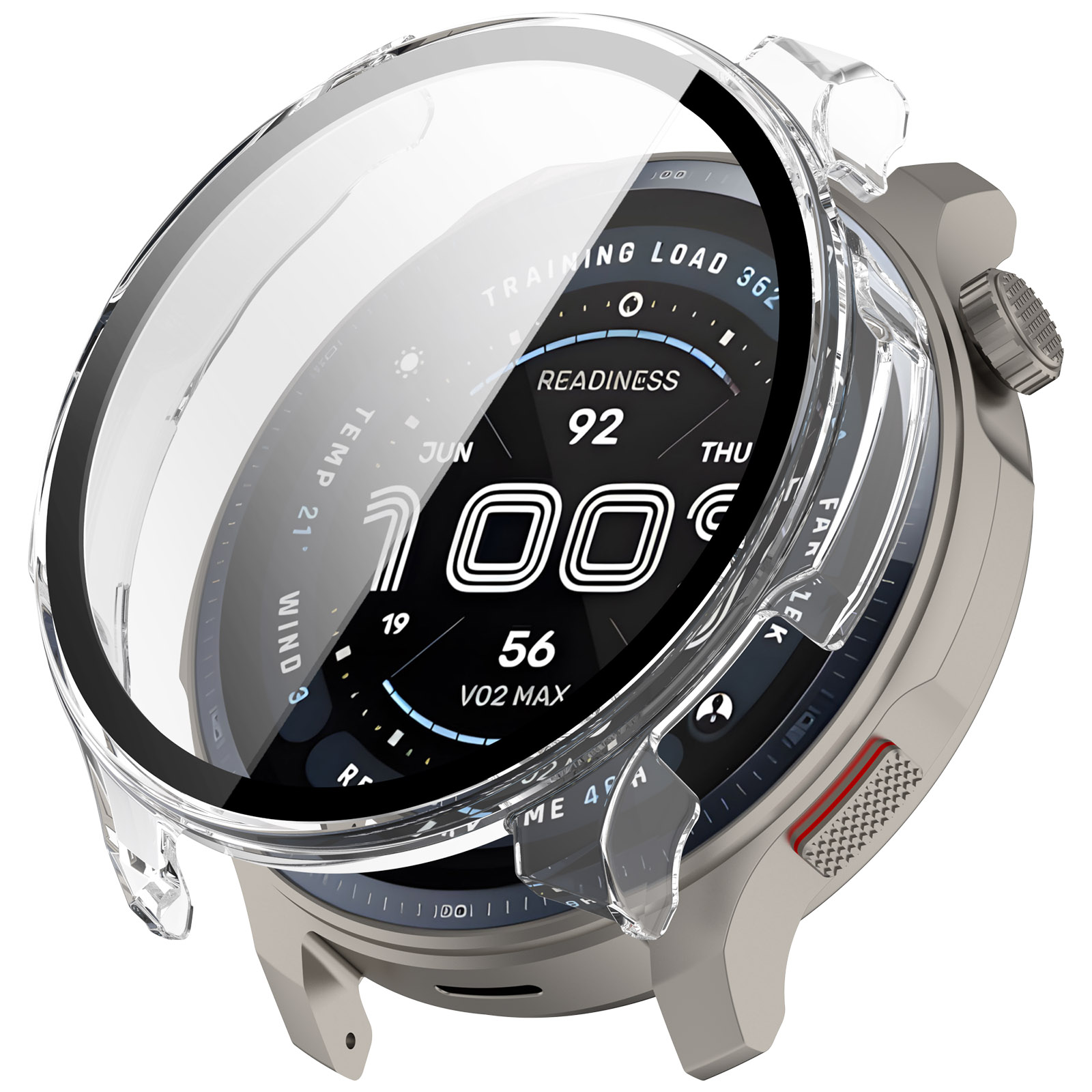 Uno smartwatch con cover protettiva trasparente. Il quadrante mostra metriche di fitness. L'orologio è argento con display nero e blu.
