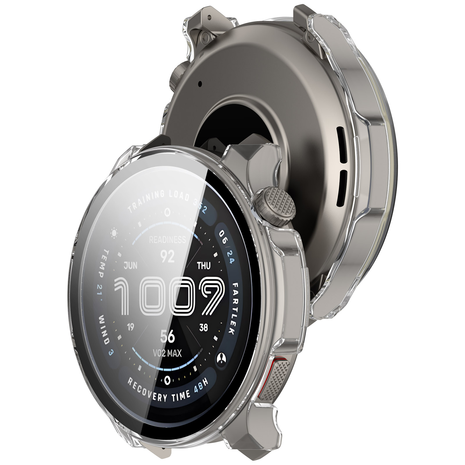 Uno smartwatch metallico con una cover protettiva trasparente. L'orologio mostra dati: ora, prontezza e altre metriche.