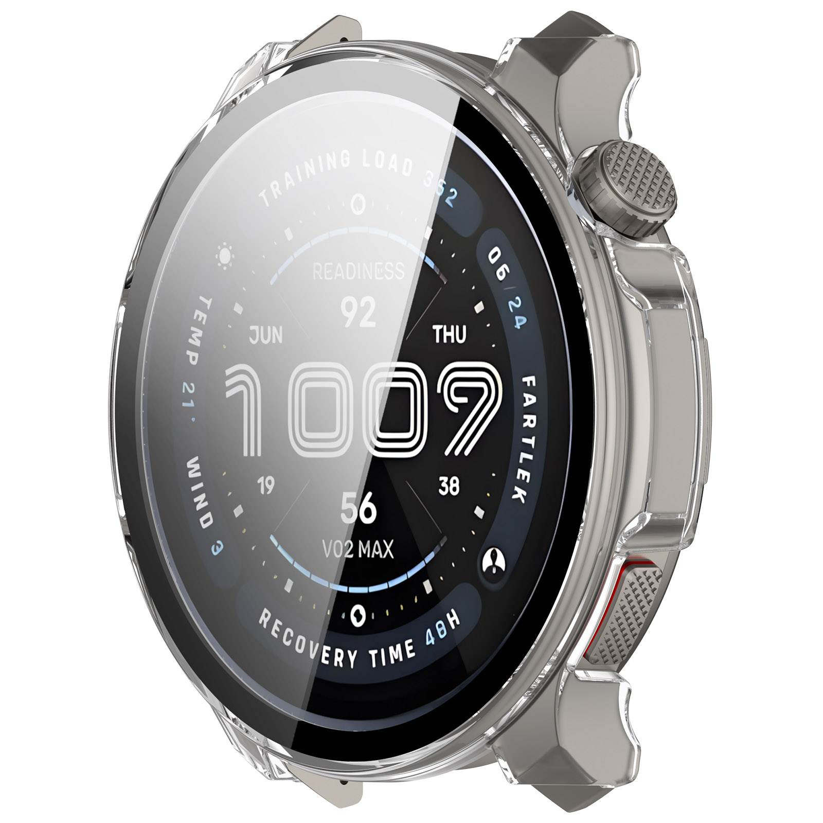 Primo piano di uno smartwatch con custodia trasparente. Il quadrante mostra ora, data e metriche di salute.