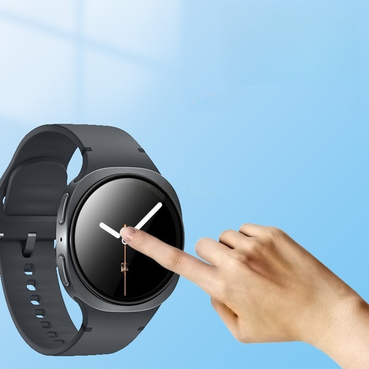 Una mano tocca uno smartwatch. L'orologio è nero con lancette bianche. Lo sfondo è azzurro.
