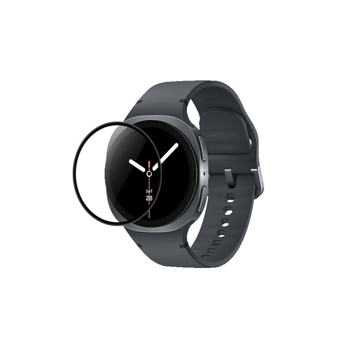 Uno smartwatch grigio scuro con protezione schermo. L'orologio mostra l'ora. Anche il cinturino è grigio scuro. Sfondo bianco.