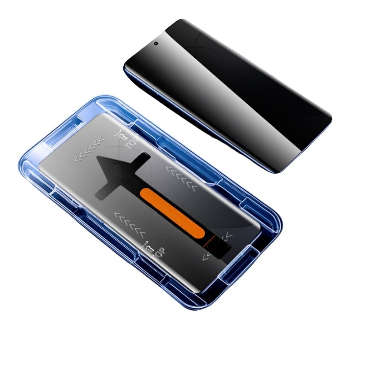 Un proteggi schermo e un telefono sono in mostra. Il proteggi schermo è in una custodia di plastica blu e il telefono è nero.