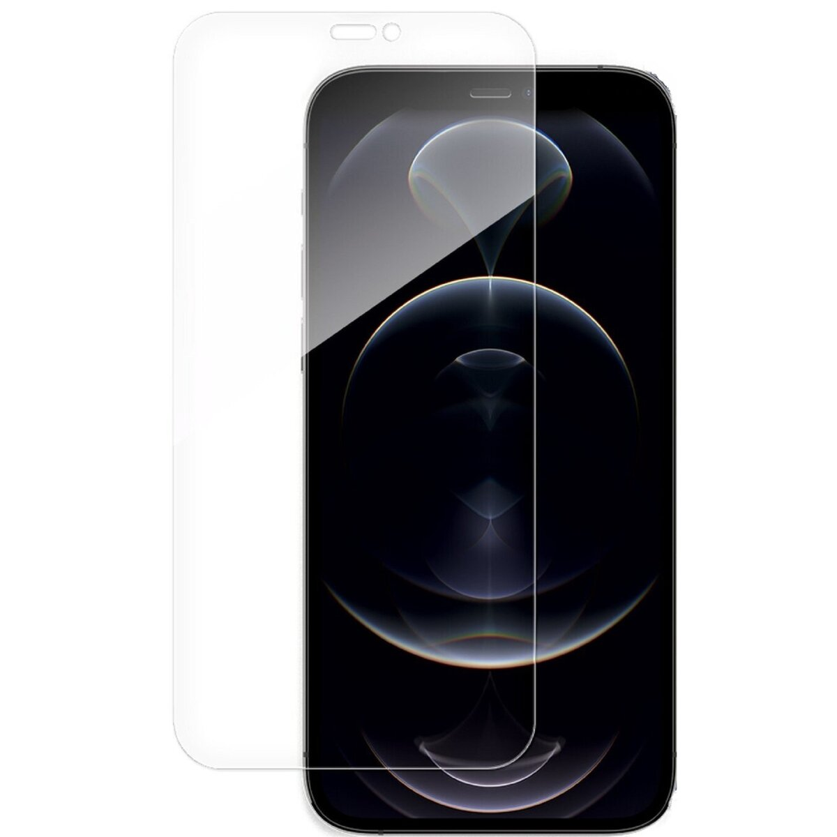 Un iPhone con protezione schermo. Il telefono è nero con schermo lucido. La protezione è trasparente, copre lo schermo.