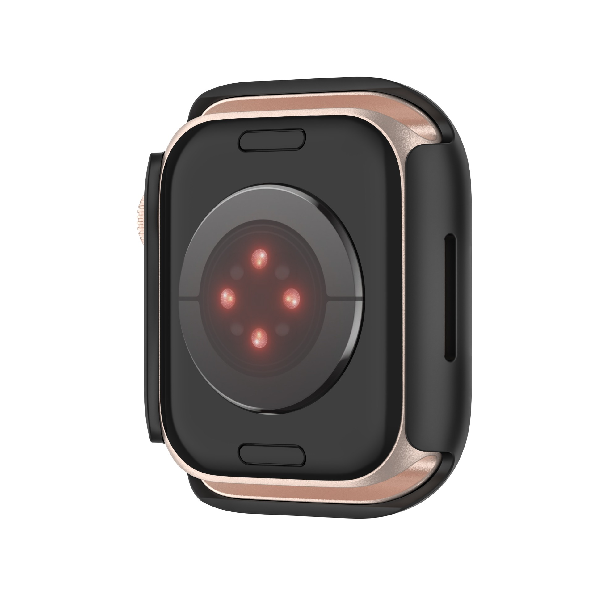 Retro dell'orologio intelligente nero e oro. Caratteristiche sensore di frequenza cardiaca con luci rosse.