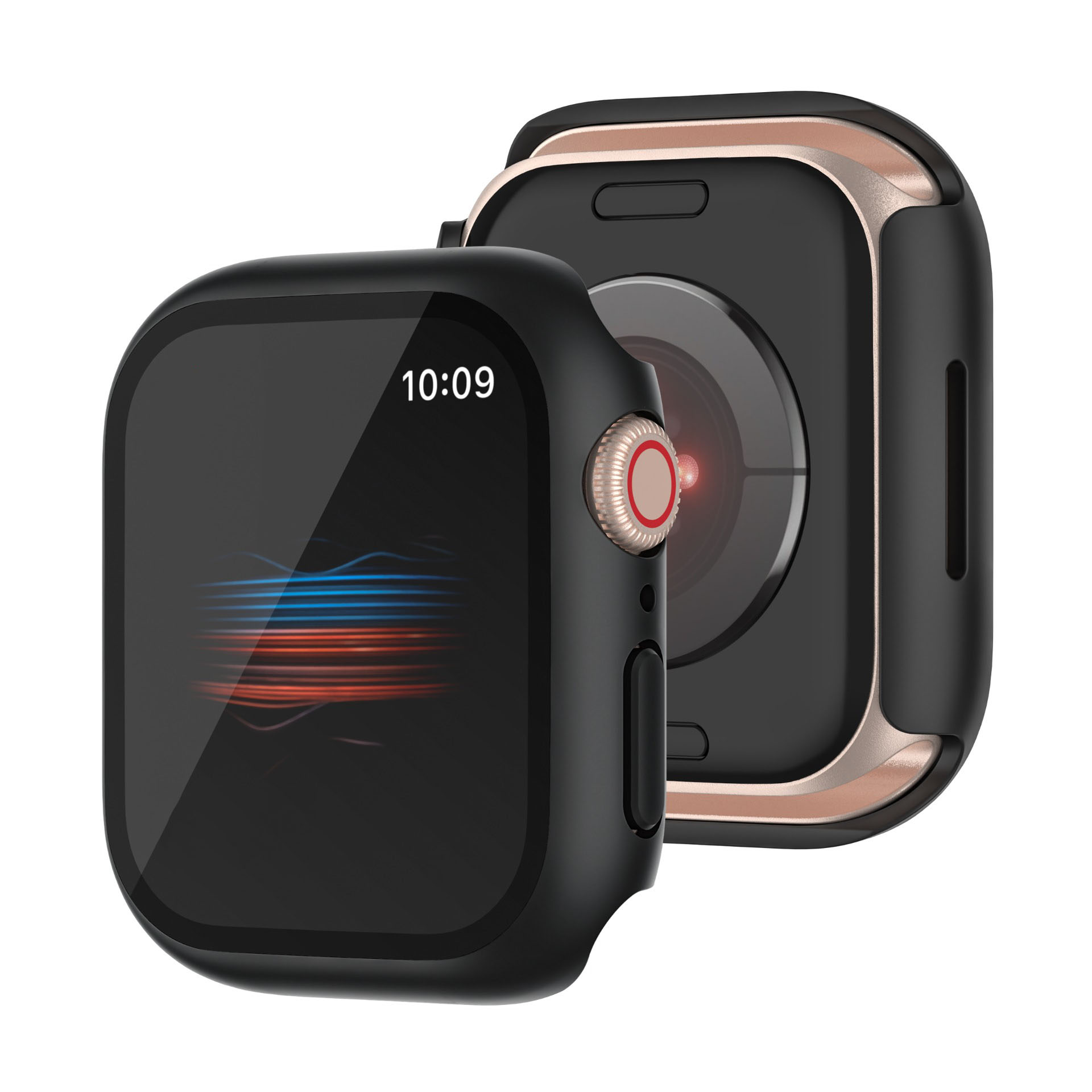 Smartwatch nero con lunetta dorata, che mostra le 10:09. Lo schermo mostra linee astratte blu e arancioni.