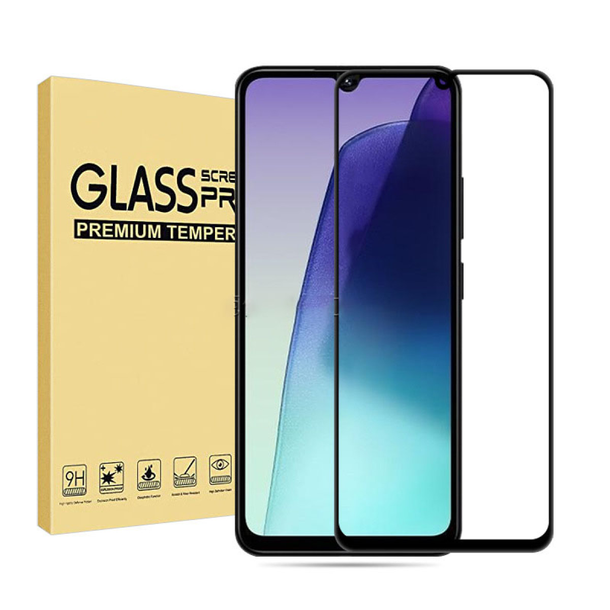 Una protezione per lo schermo del telefono con un telefono e la sua scatola. La scatola è gialla e riporta le scritte GLASS e PREMIUM TEMPER.