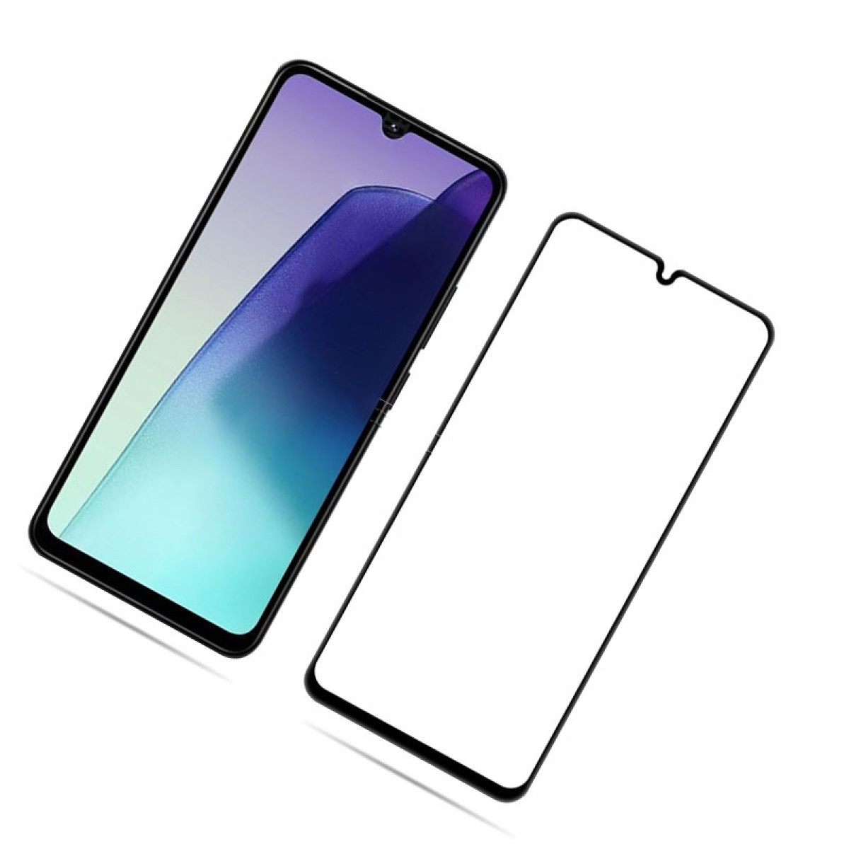 Uno smartphone con una protezione per lo schermo accanto. Lo schermo del telefono mostra un gradiente di colori blu, viola e verde acqua.