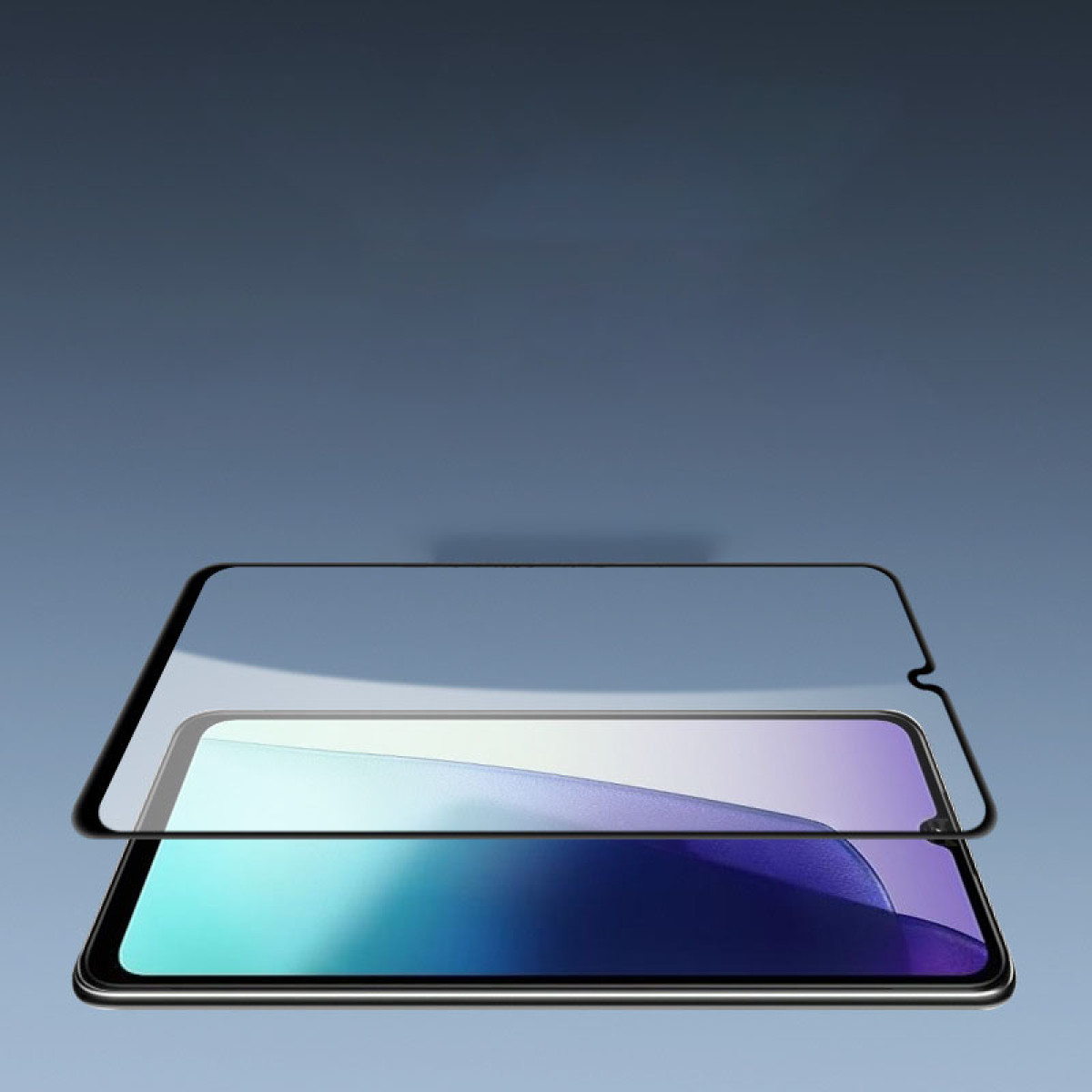 Uno smartphone con una protezione schermo sopra. La protezione schermo è trasparente e lo schermo del telefono mostra un design.