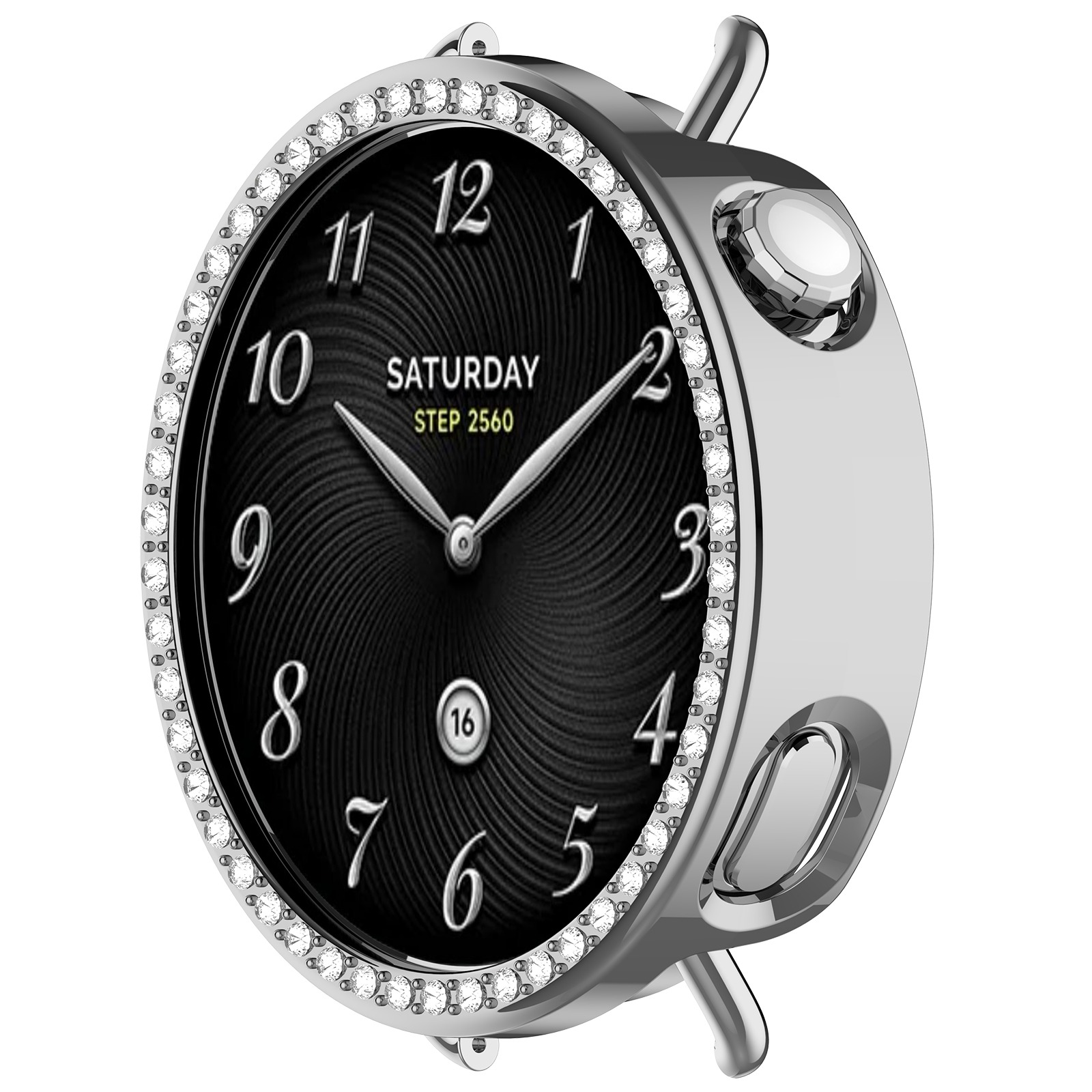 Uno smartwatch argentato con quadrante nero, numeri bianchi e lunetta tempestata di diamanti. Mostra 'Sabato' e 'STEP 2560'.