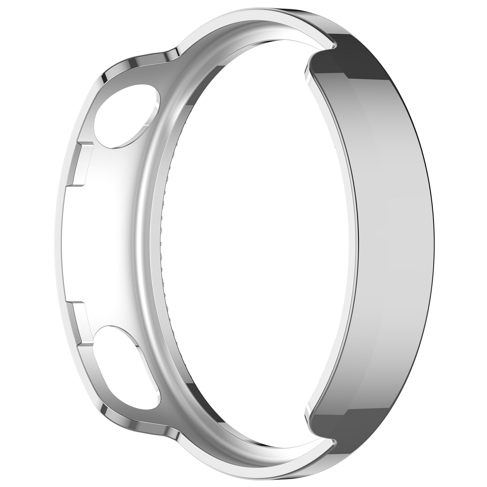 Una lunetta per orologio argentata e circolare con ritagli e una superficie riflettente, su sfondo bianco.