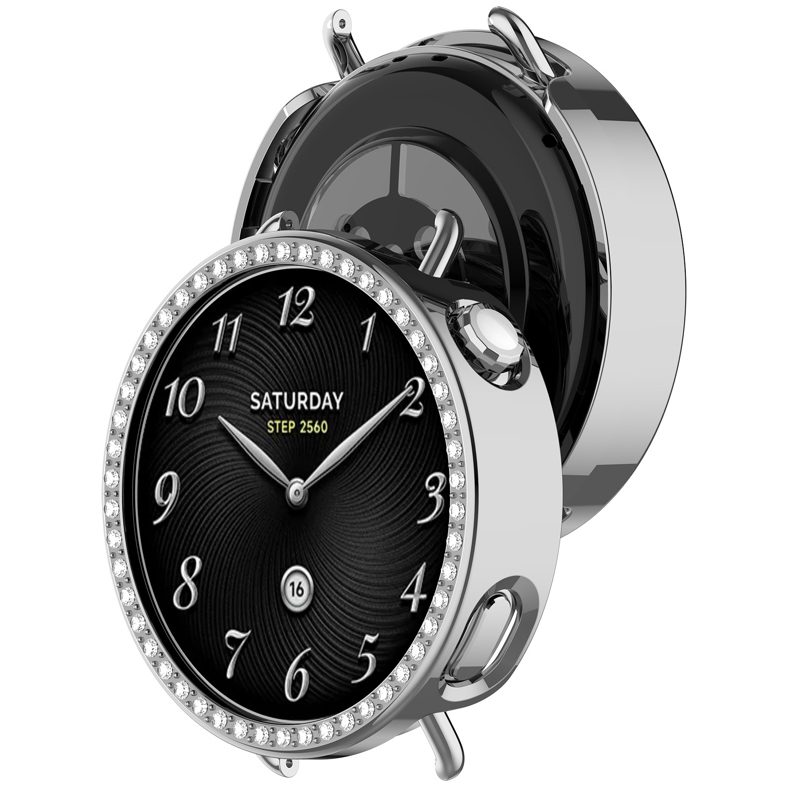 Primo piano di uno smartwatch con quadrante nero, dettagli argentati e lunetta tempestata di diamanti. L'ora indica sabato, passo 2560.