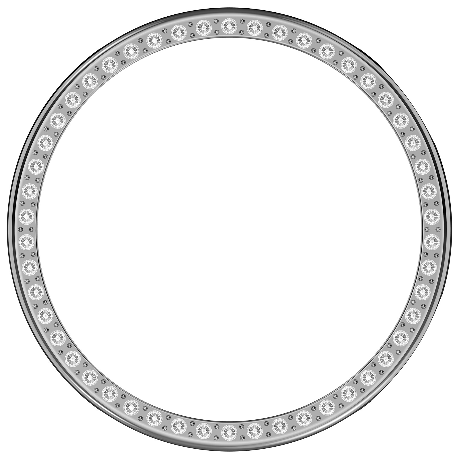 Una lunetta circolare argentata con piccoli diamanti incastonati attorno al perimetro. Lo sfondo è bianco.