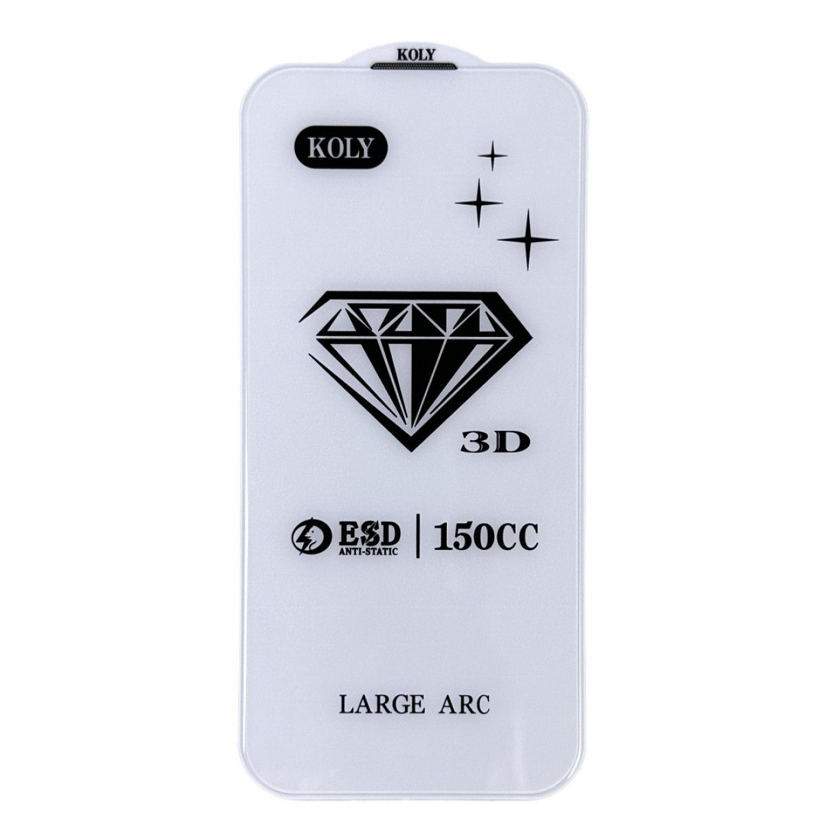 Proteggi schermo bianco con grafica a diamante nero, marchio 'KOLY', '3D', 'ESD Anti-static' e testo 'LARGE ARC'.