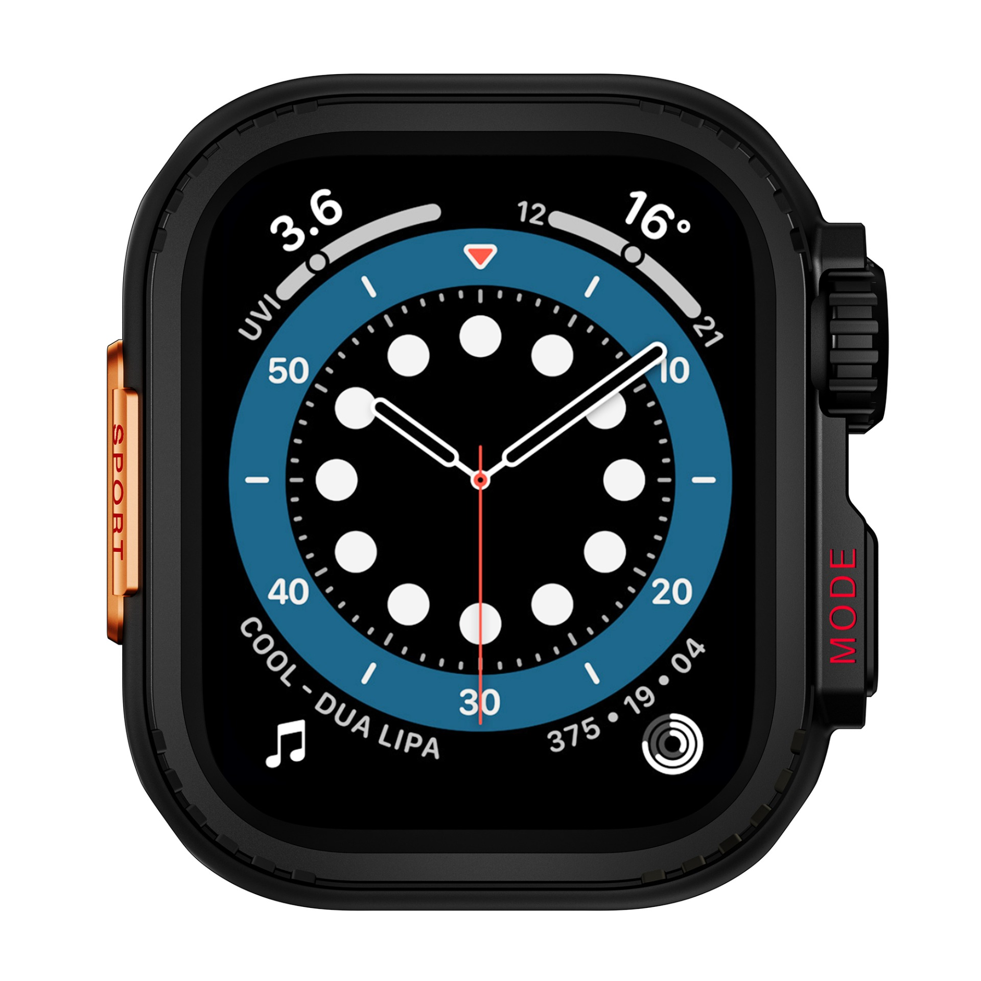 Primo piano di uno smartwatch che mostra l'ora, la temperatura e altre metriche. L'orologio è nero con quadrante blu e bianco.