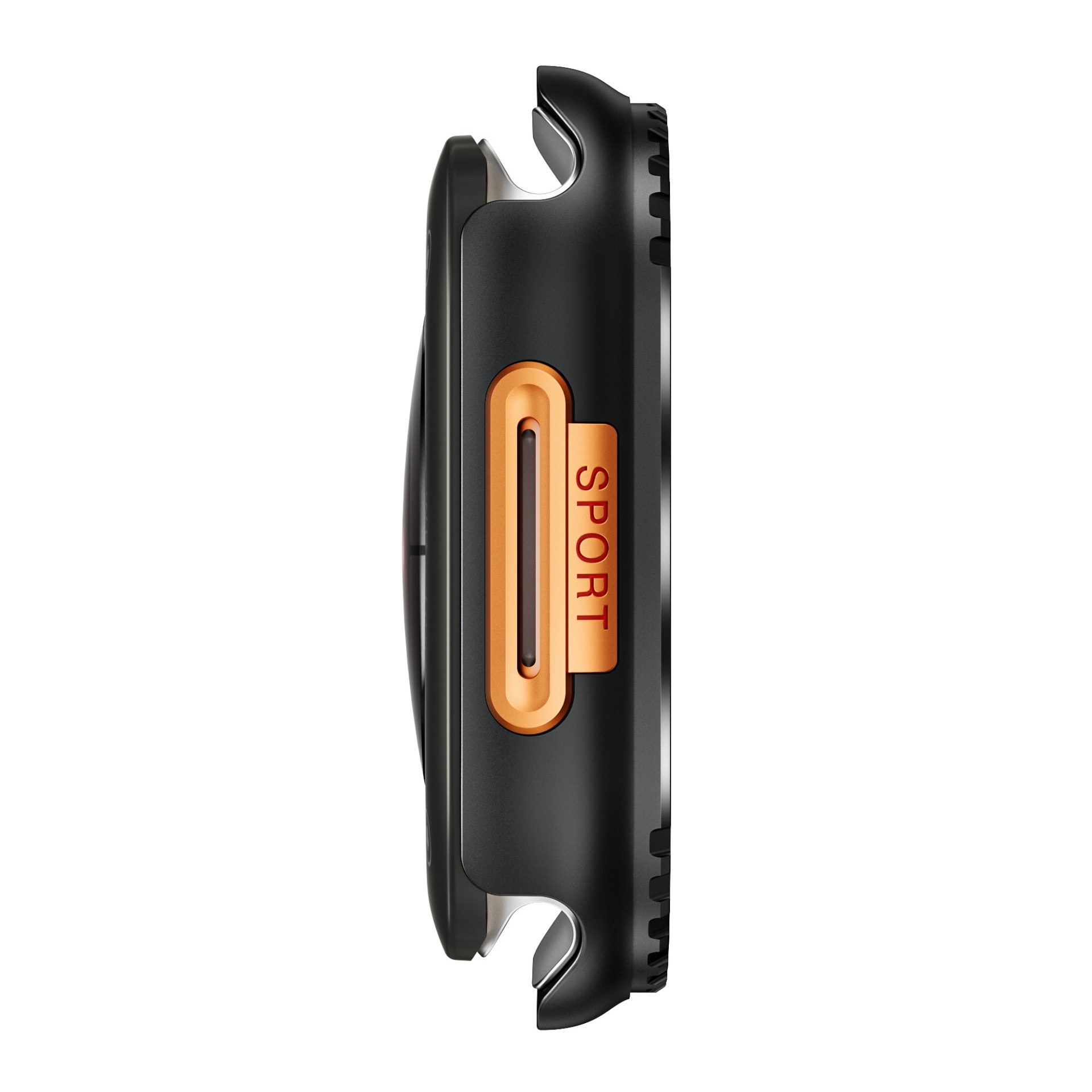 Vista laterale di uno smartwatch nero con un pulsante arancione con la scritta 'SPORT'.