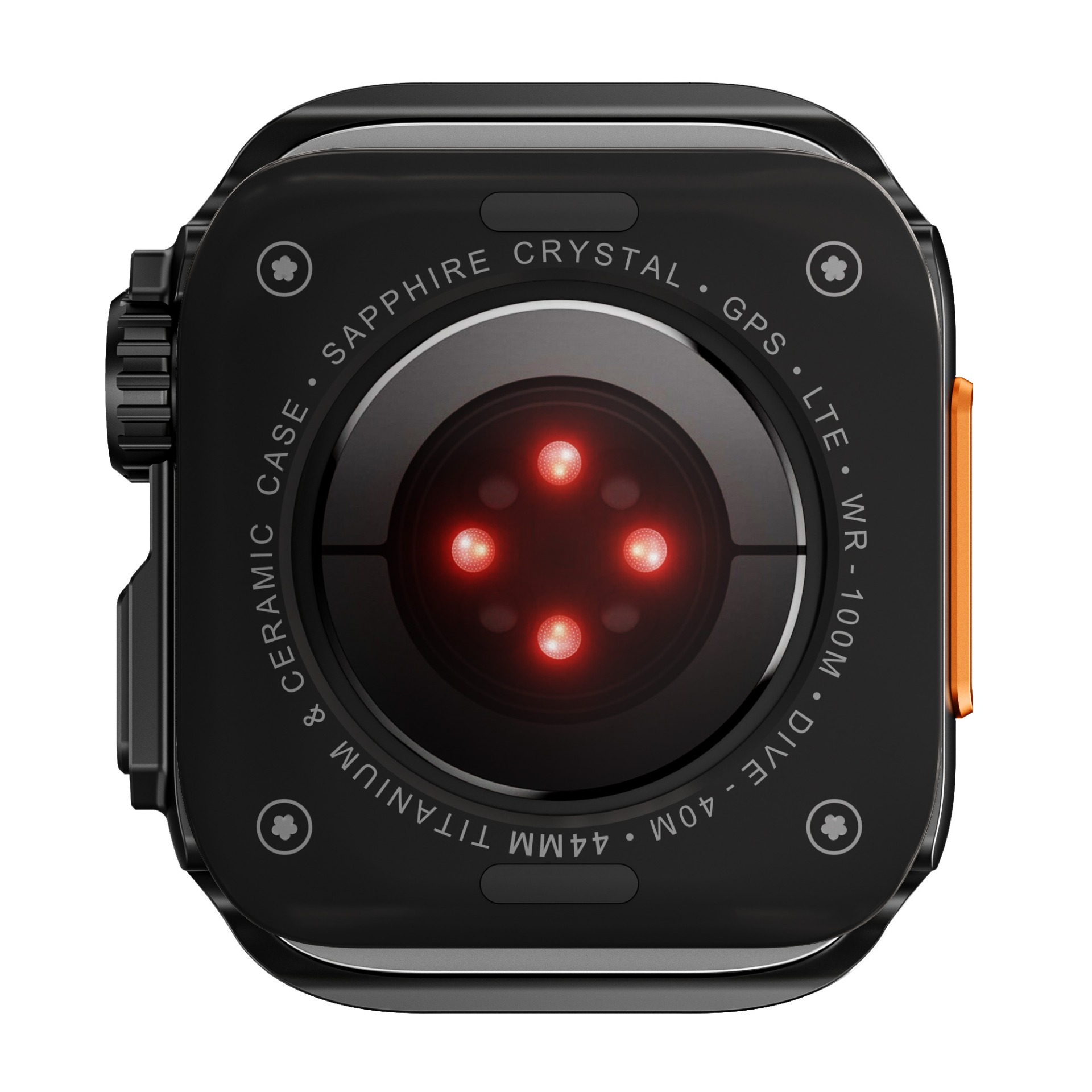 Primo piano di uno smartwatch nero. I dettagli includono cristallo zaffiro, GPS e sensore di frequenza cardiaca con luci rosse.