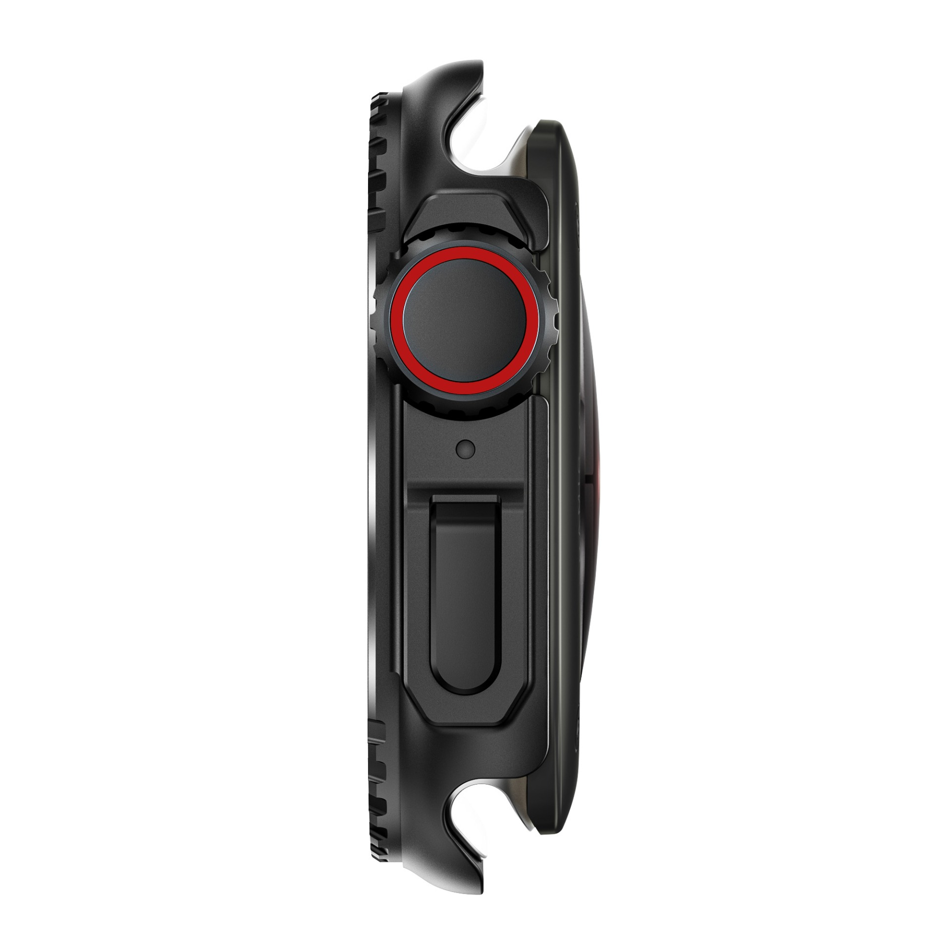 Vista laterale di uno smartwatch nero. L'orologio ha un anello rosso attorno a un pulsante. È su sfondo bianco.