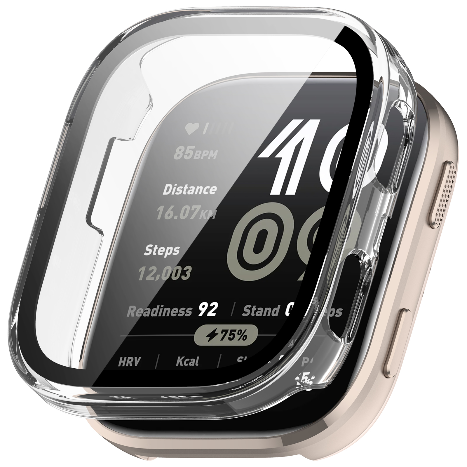 Uno smartwatch con custodia trasparente mostra parametri di salute: frequenza cardiaca, distanza, passi e percentuale di prontezza. L'orologio è dorato.