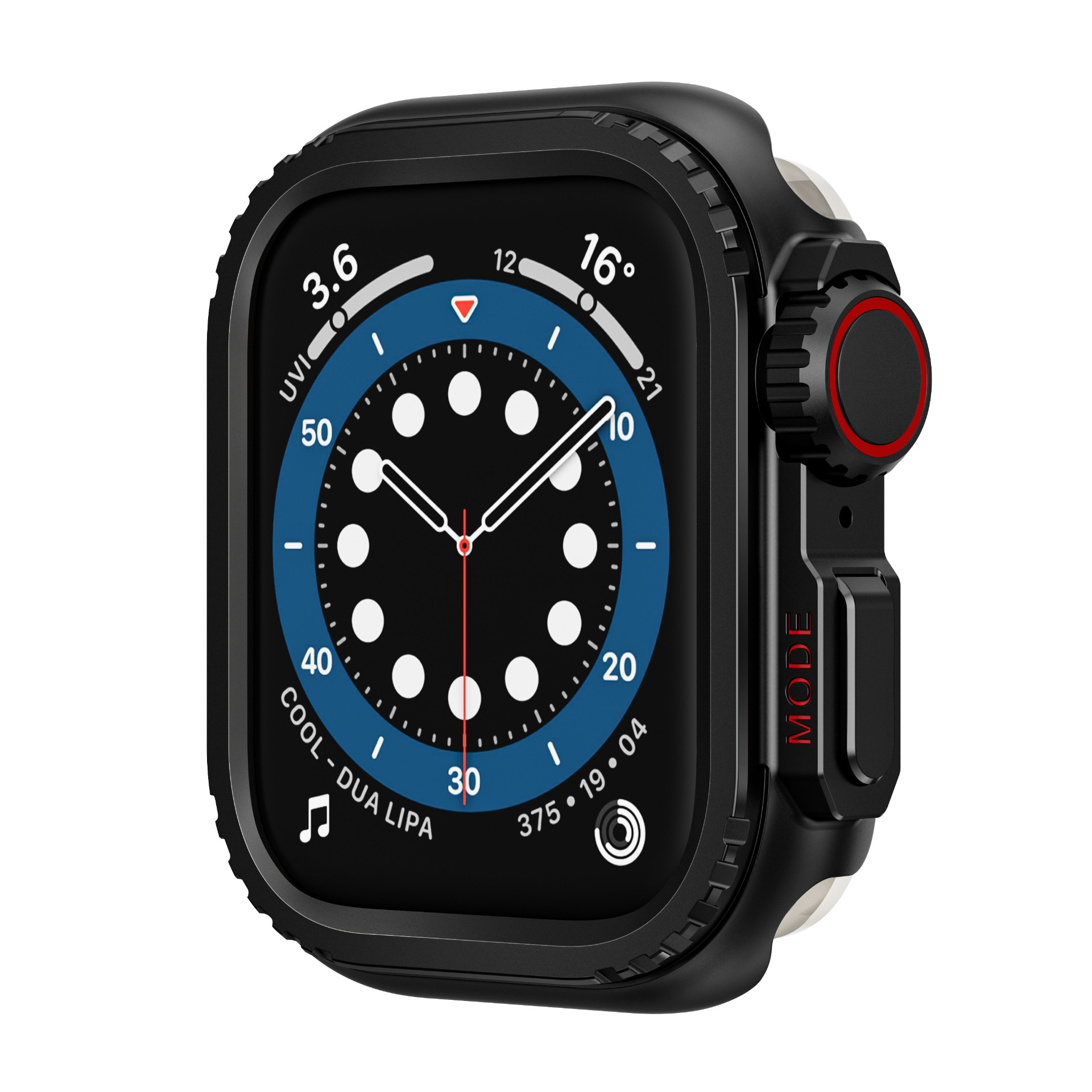 Smartwatch nero con custodia protettiva. Visualizza ora e metriche di salute. Dettagli rossi sul pulsante laterale.