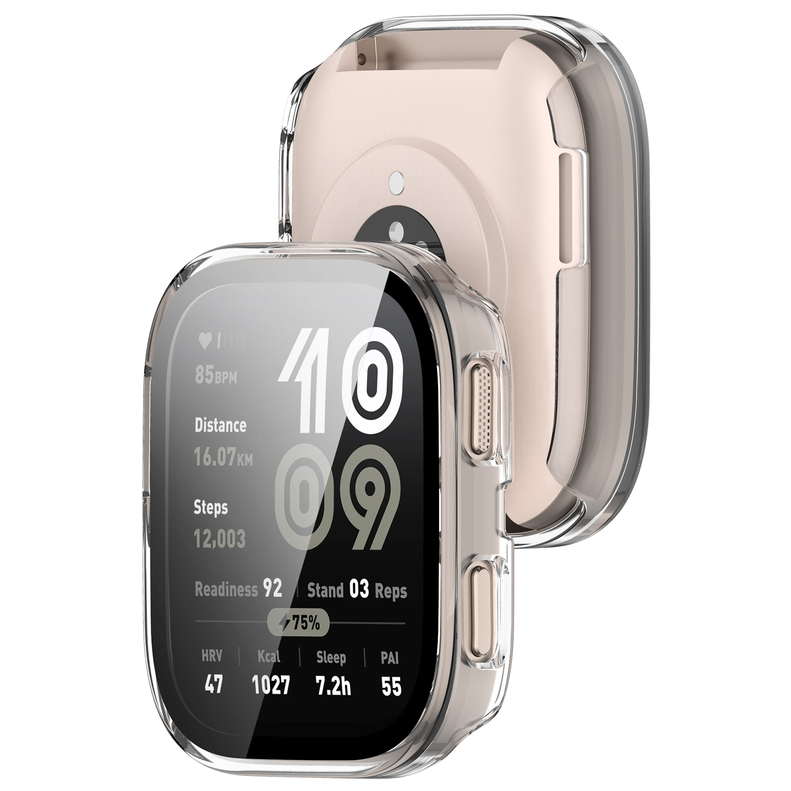Uno schermo di smartwatch mostra dati sanitari. Mostra frequenza cardiaca, distanza, passi, prontezza, calorie, sonno e PAI.